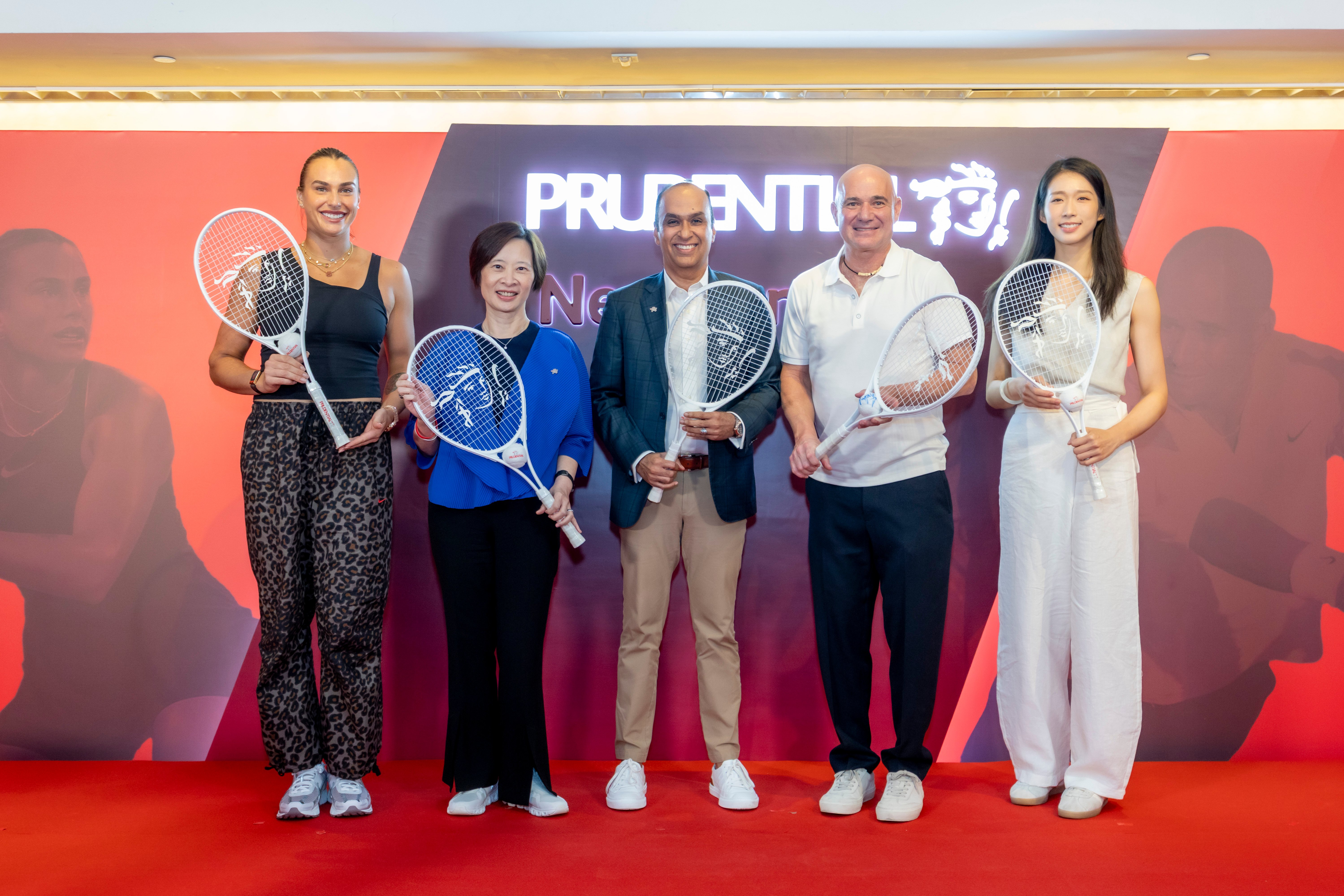 In order from left to right: Aryna Sabalenka (WTA World No. 1 Tennis Player in Women’s Singles), Angel Ng (Prudential Regional CEO, Greater China), Anil Wadhwani (Prudential Group Chief Executive), Andre Agassi (Tennis legend and Founder of the Andre Agassi Foundation for Education) and Vivian Kong (Hong Kong Olympic Gold Medalist in Fencing)