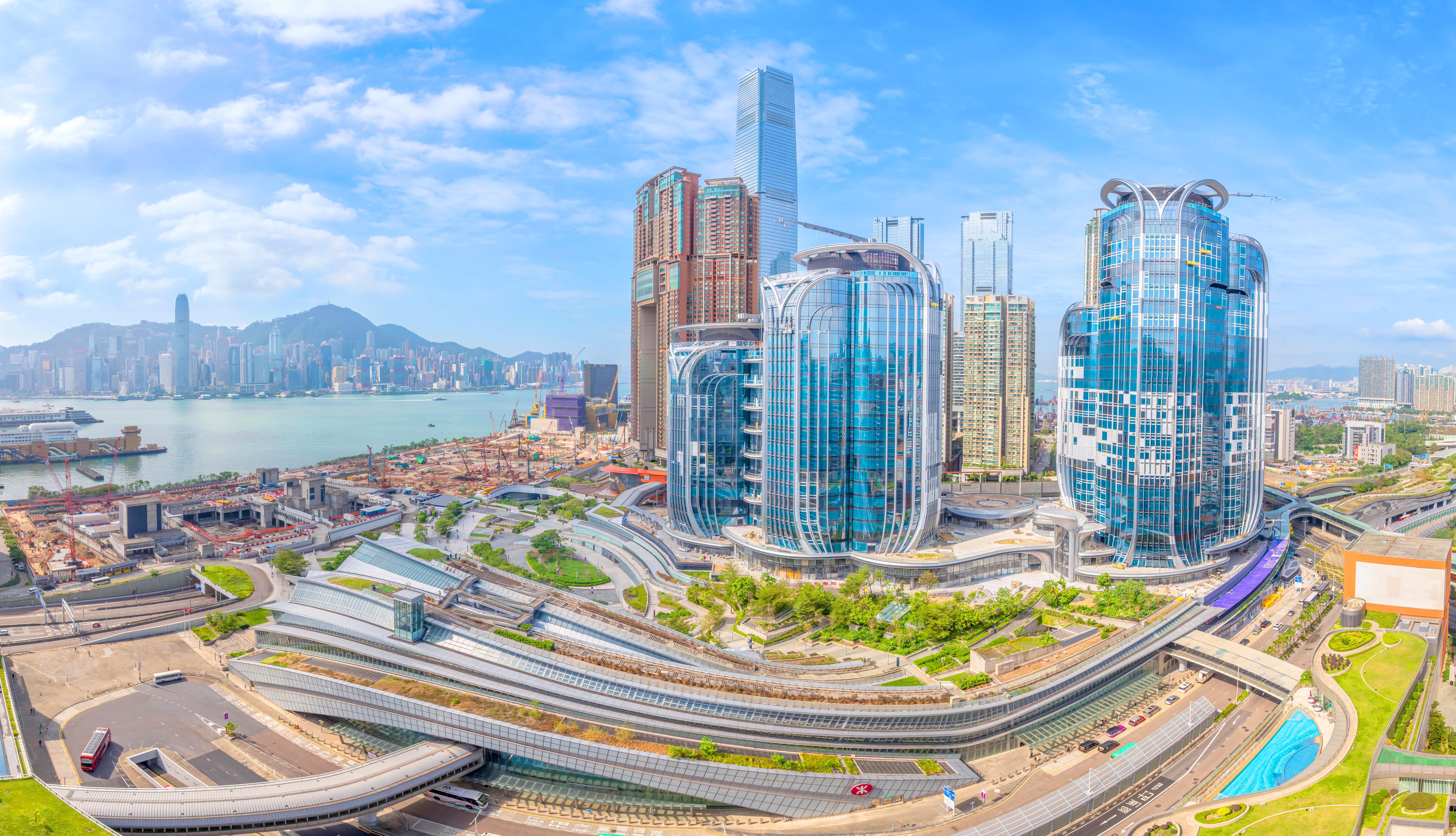An aerial view of West Kowloon showing the International Commerce Centre (ICC), the upcoming International Gateway Centre and Artist Square Towers overlooking Victoria Harbour.