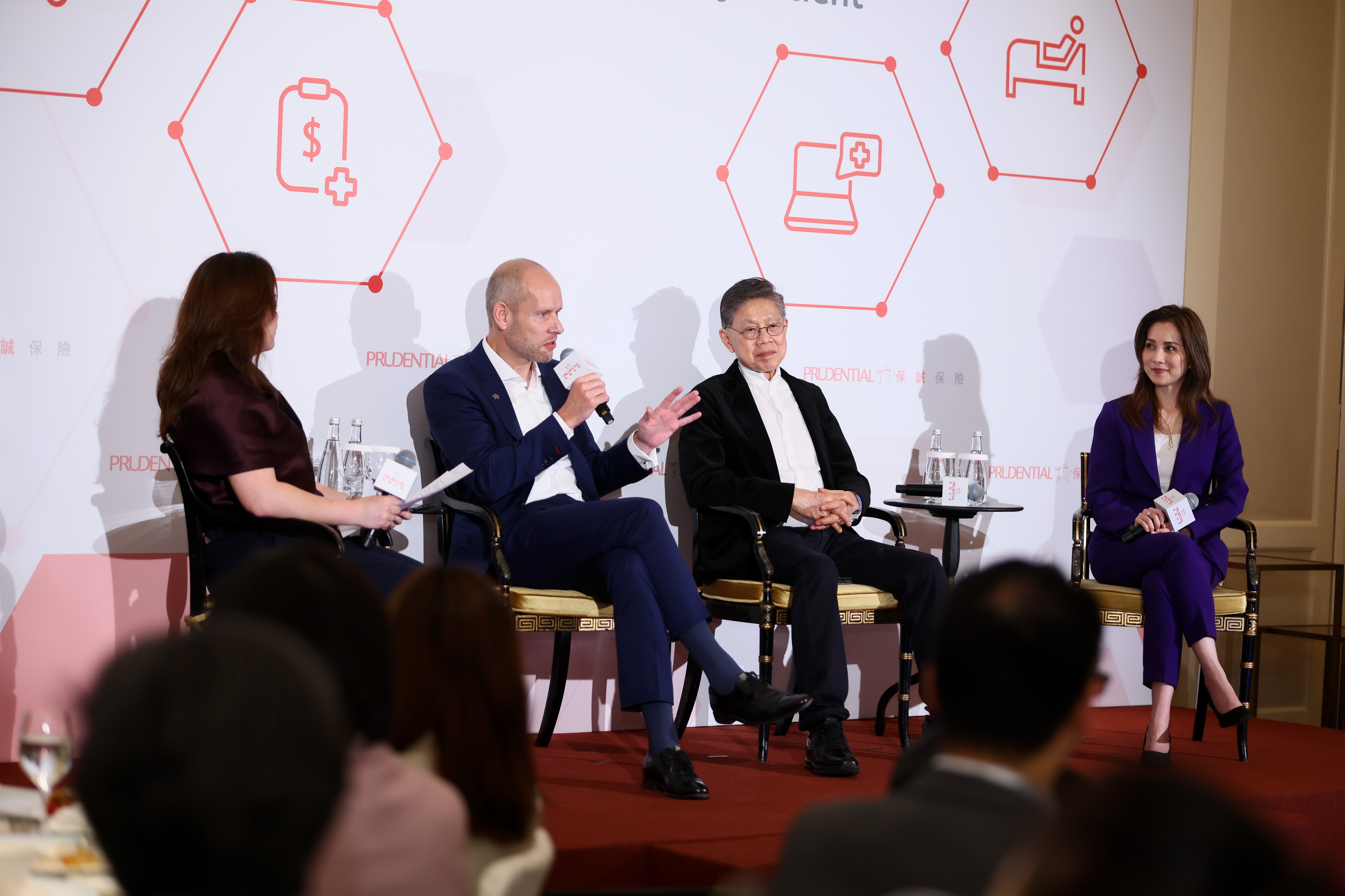 From left: Wynna Wong (Senior Reporter, SCMP), Arjan Toor (CEO Health, Prudential plc), Prof Eng-kiong Yeoh and Dr Yannie Soo. The panel examines ways to reduce cost shocks and improve transparency in healthcare.