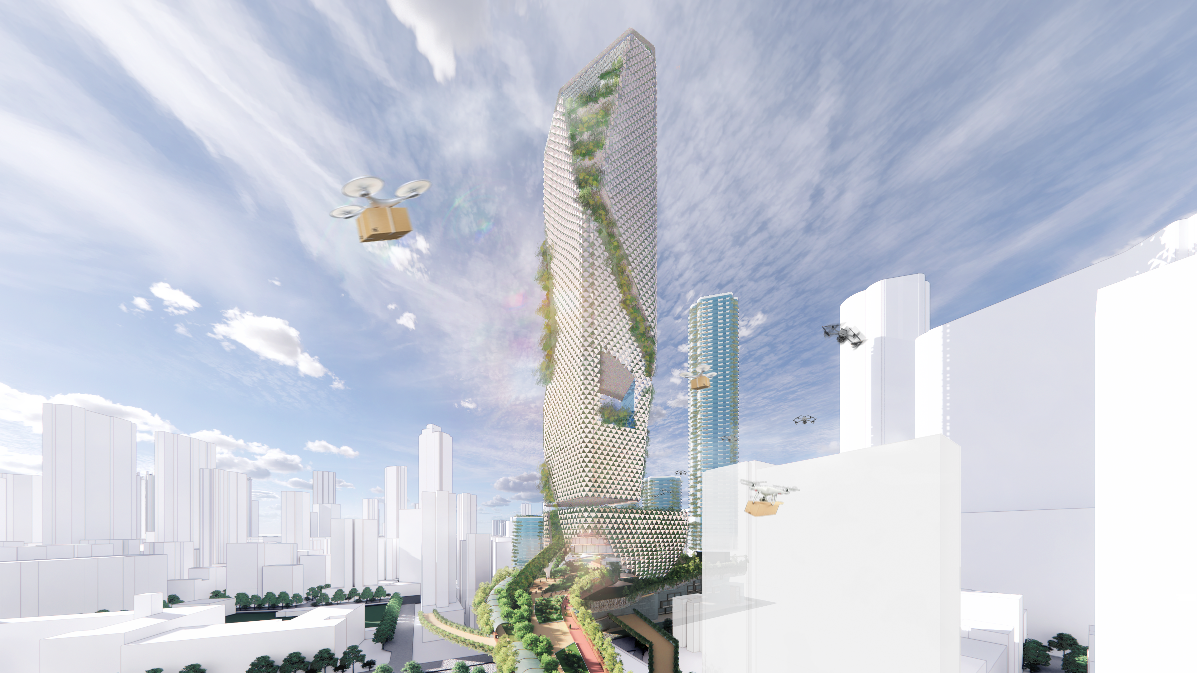 Nature-based solutions are woven into the Sky Tower’s living façade in RLP Asia’s winning proposal with the creation of a “vertical sponge” – a façade system that captures, filters and reuses rainwater to enhance resilience and ecology.