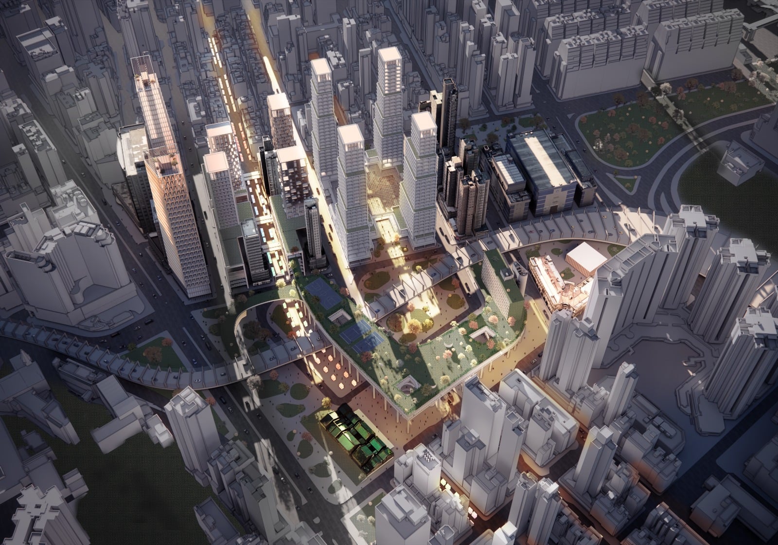 Aerial rendering of the winning proposal “Heartbeat of the City, Voices of the Streets”, showing the continuous green deck spanning the Gascoigne Road Flyover to link public spaces and preserve Yau Ma Tei’s street character.