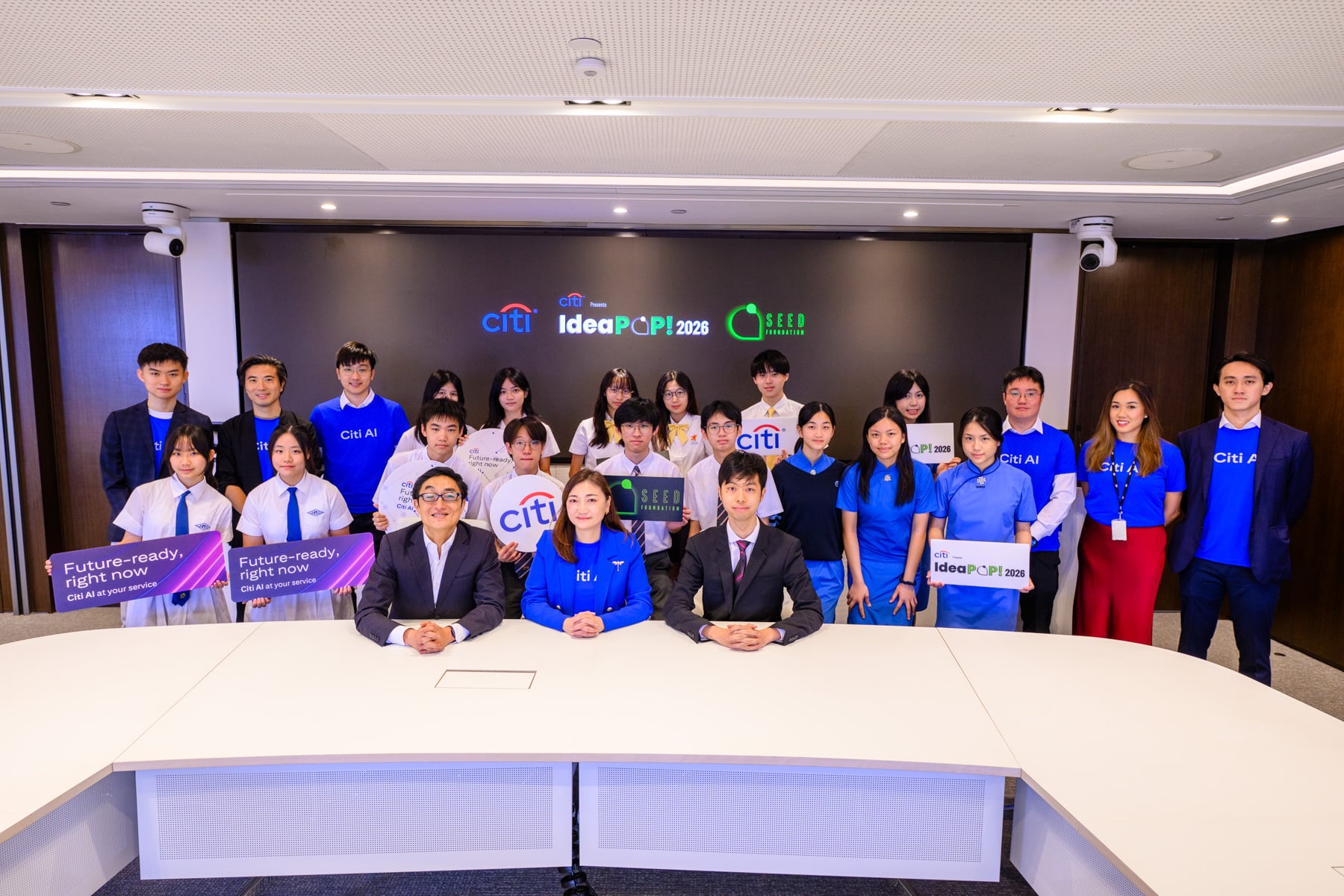 Aveline San, CEO and Banking Head for Citi Hong Kong (front row, center), hosted the finalists and winning teams at Citi's office, joined by Ken Lo, CEO of SEED Foundation (front row, left), marking the culmination of the students' journey in turning purpose-driven ideas into real-world solutions.