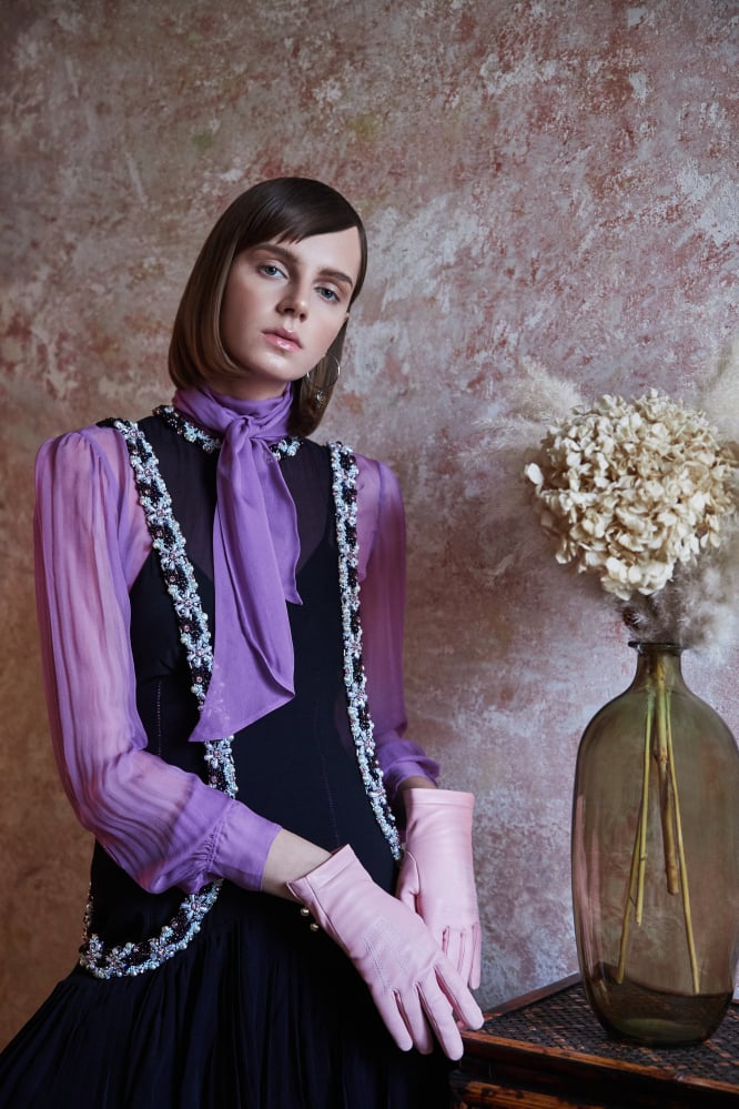 Saint Laurent top, Lanvin dress and gloves, Alexander McQueen earrings; all prices upon request. Photo: Piotr Serafin