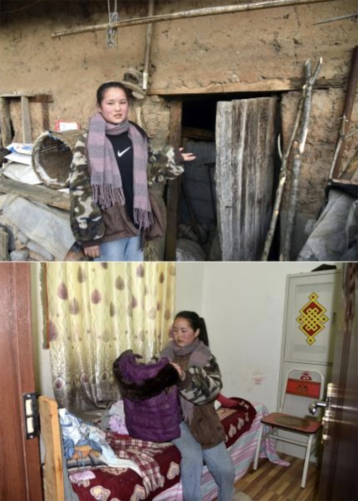 (Top) Wuqi Labumu, eldest daughter of Bamu Yubumu, introduces an old house where she used to live; (bottom) Wuqi Labumu arranges her clothes in her new residence. Photo: Xinhua / Zhou Ke
