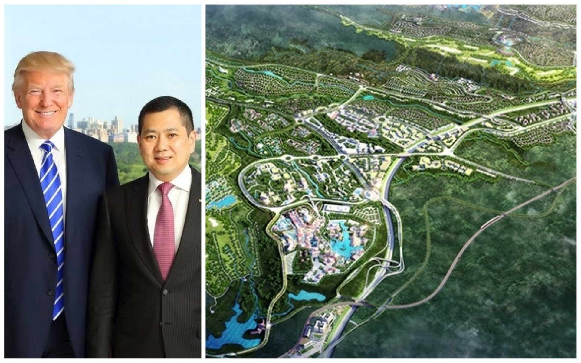 Donald Trump with Indonesian tycoon Hary Tanoesoedibjo and the overview of their coming tourism development, Lido City. Photo: @CoconutJakarta/ Twitter; MNC Land