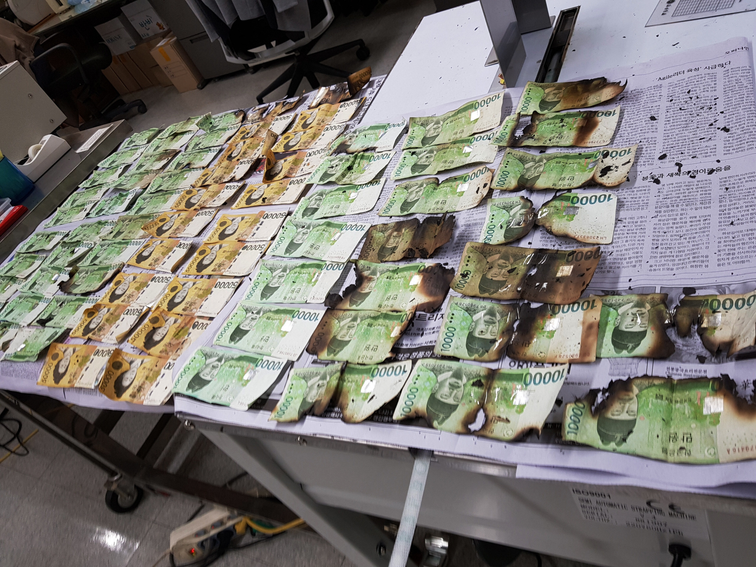 The Bank of Korea displays damaged banknotes that were heated up in a microwave because of concerns over the coronavirus on July 31, 2020. Worries over inflows of hot money have led some central banks in Asia to retract policy support and enact measures to curb rising asset prices. Photo: AP