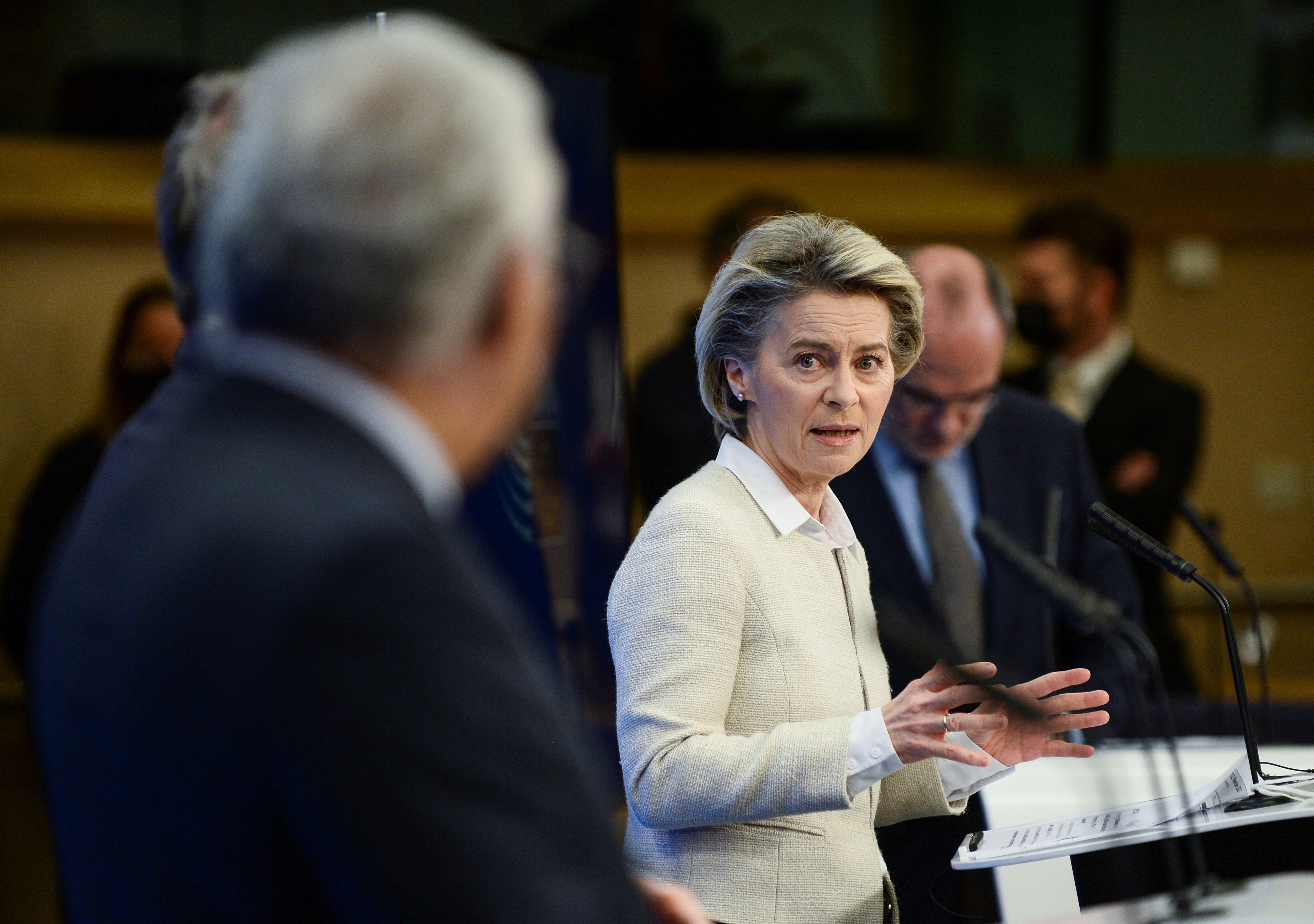 European Commission President Ursula von der Leyen speaks during a news conference in Brussels, Belgium, on February 12. Von der Leyen has pledged to lead a “geopolitical commission”, where reinforcing the EU’s role as a relevant international actor is a key priority. Photo: Reuters
