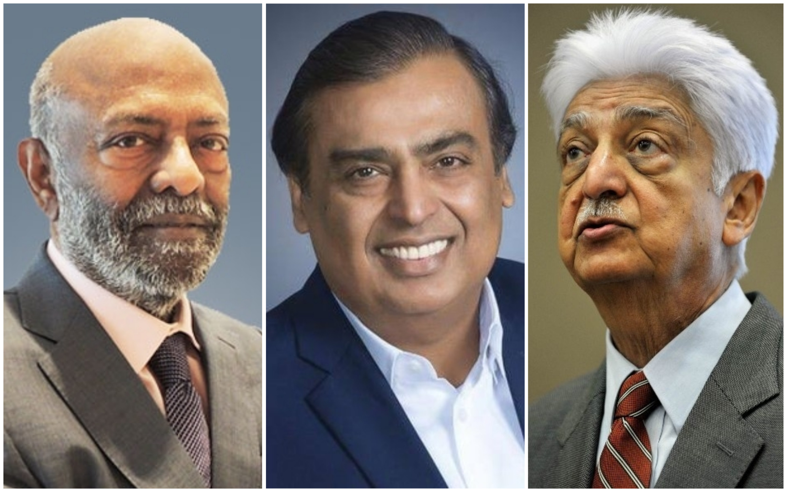 Billionaires Shiv Nadar, Mukesh Ambani and Azim Premji all gave a chunk of their wealth away in 2020. Photos: Shiv Nadar University, @newsparodyy/Twitter, AFP