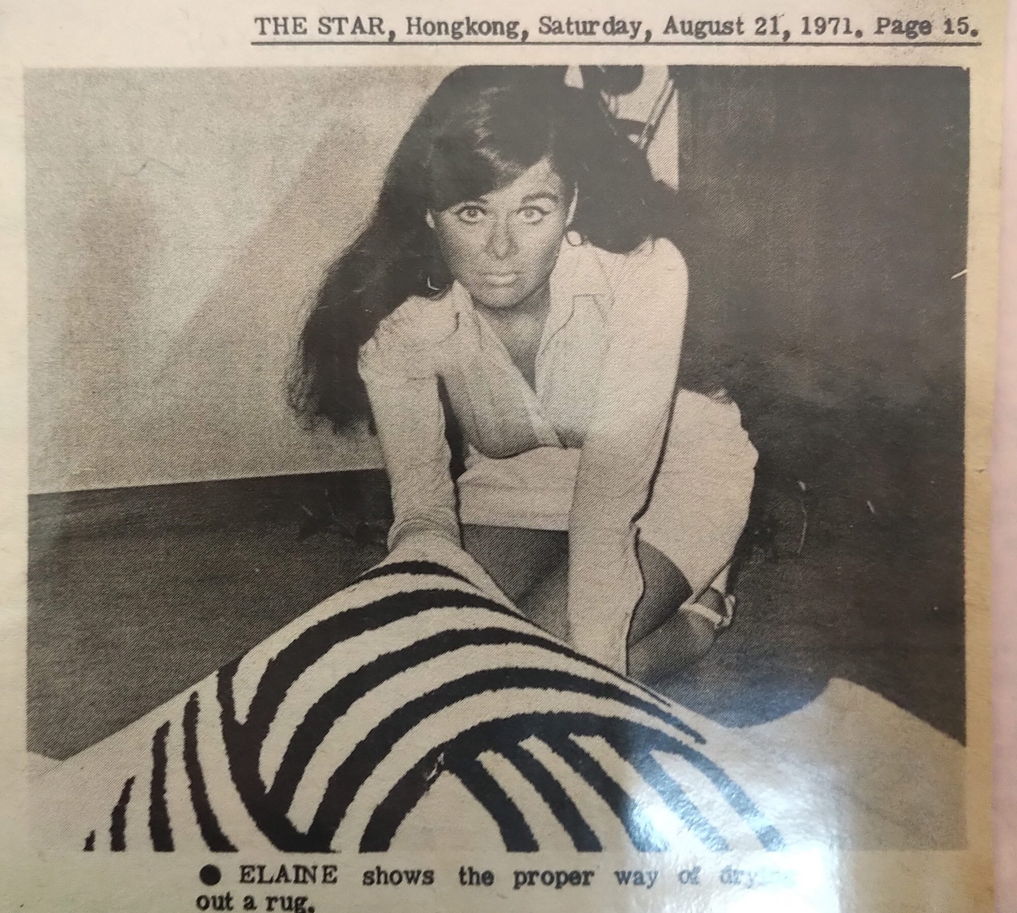 Goodwin shows how to dry a rug, in Hong Kong, in 1971. Photo: courtesy of Elaine Goodwin