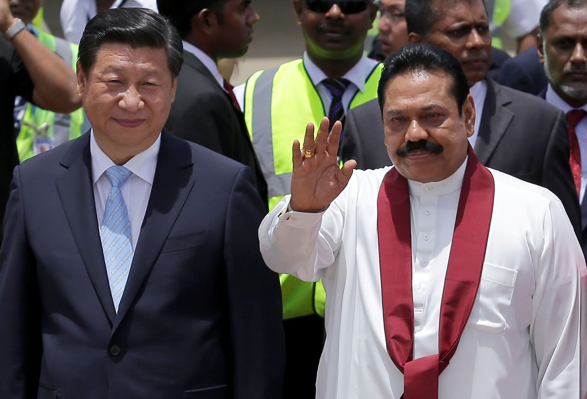 Chinese President Xi Jinping (left) and Rajapaksa at Bandaranaike International Airport, near Colombo, in 2014. Photo: Getty Images