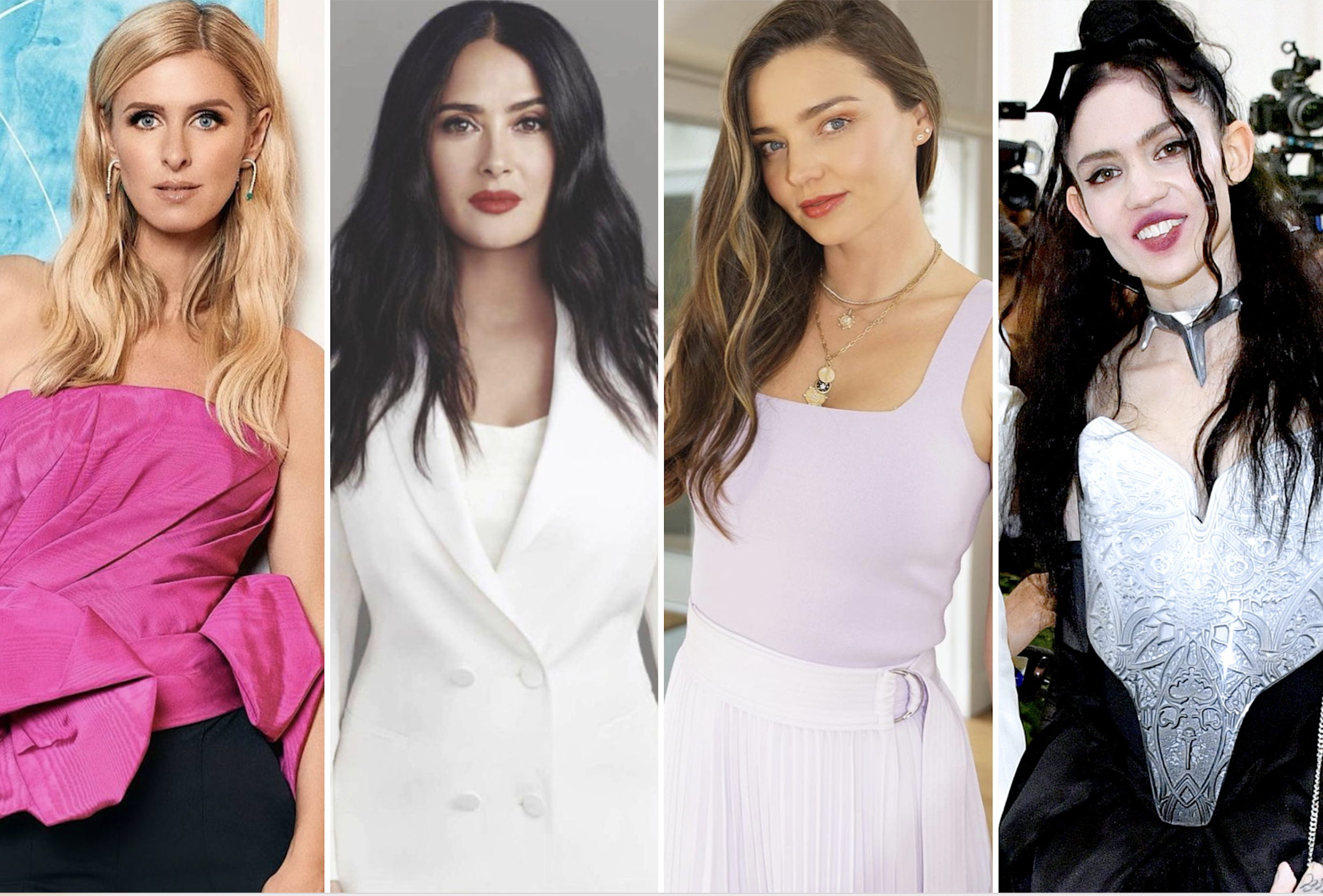 Nicky Hilton Rothschild, Salma Hayek, Miranda Kerr and Grimes all have one thing in common – a super rich significant other. Photos: @nickyhilton; @salmahayek; @mirandakerr/Instagram, Getty Images