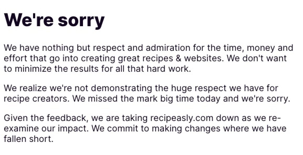 An apology was issued and the website was taken down within a day. Photo: recipeasly.com