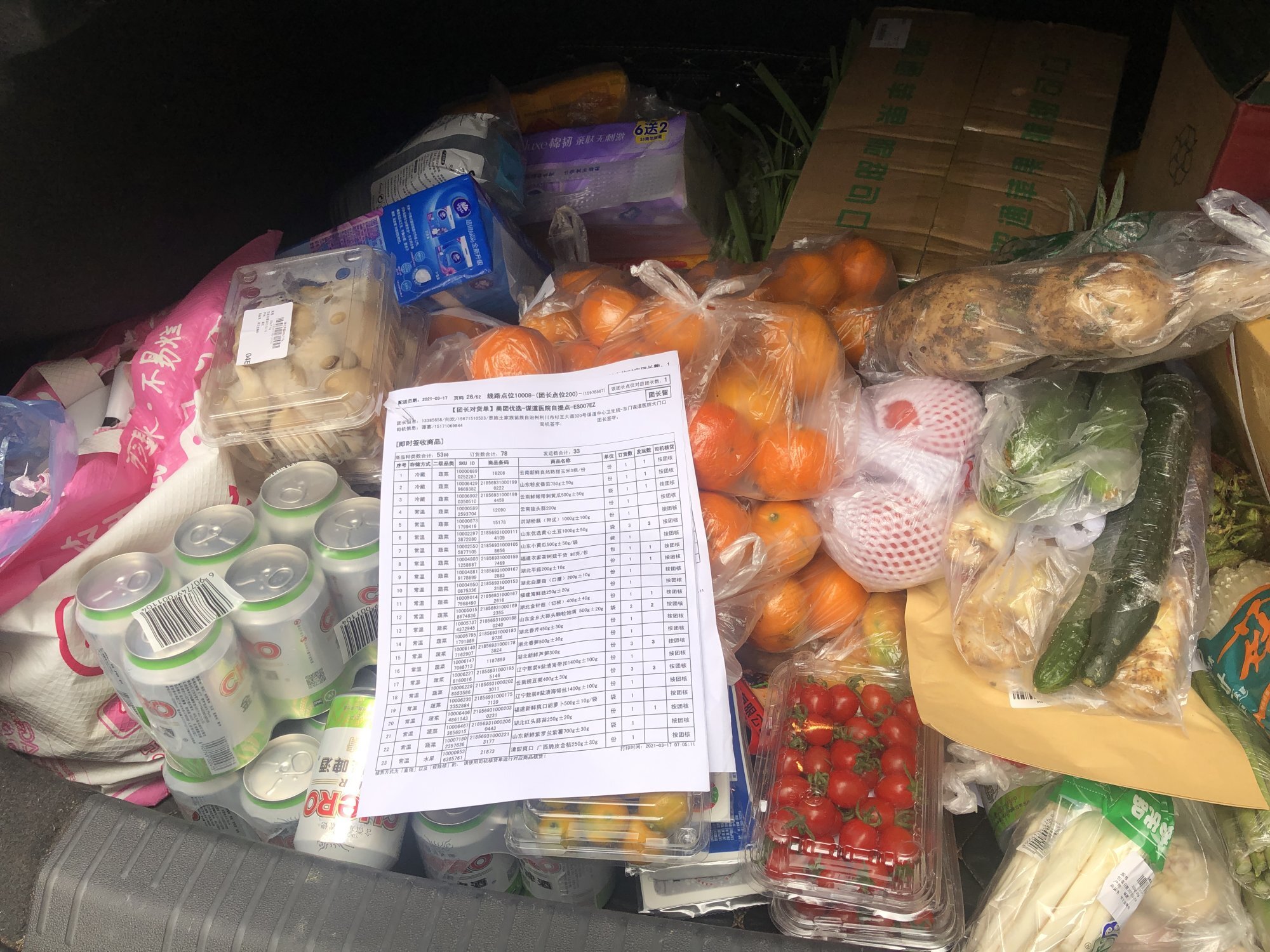 Fruits, vegetables, canned drinks and other purchases sit on the back of a truck delivering group-buying purchases to a community in Lichuan county, Hubei province, China. Photo: Jane Zhang