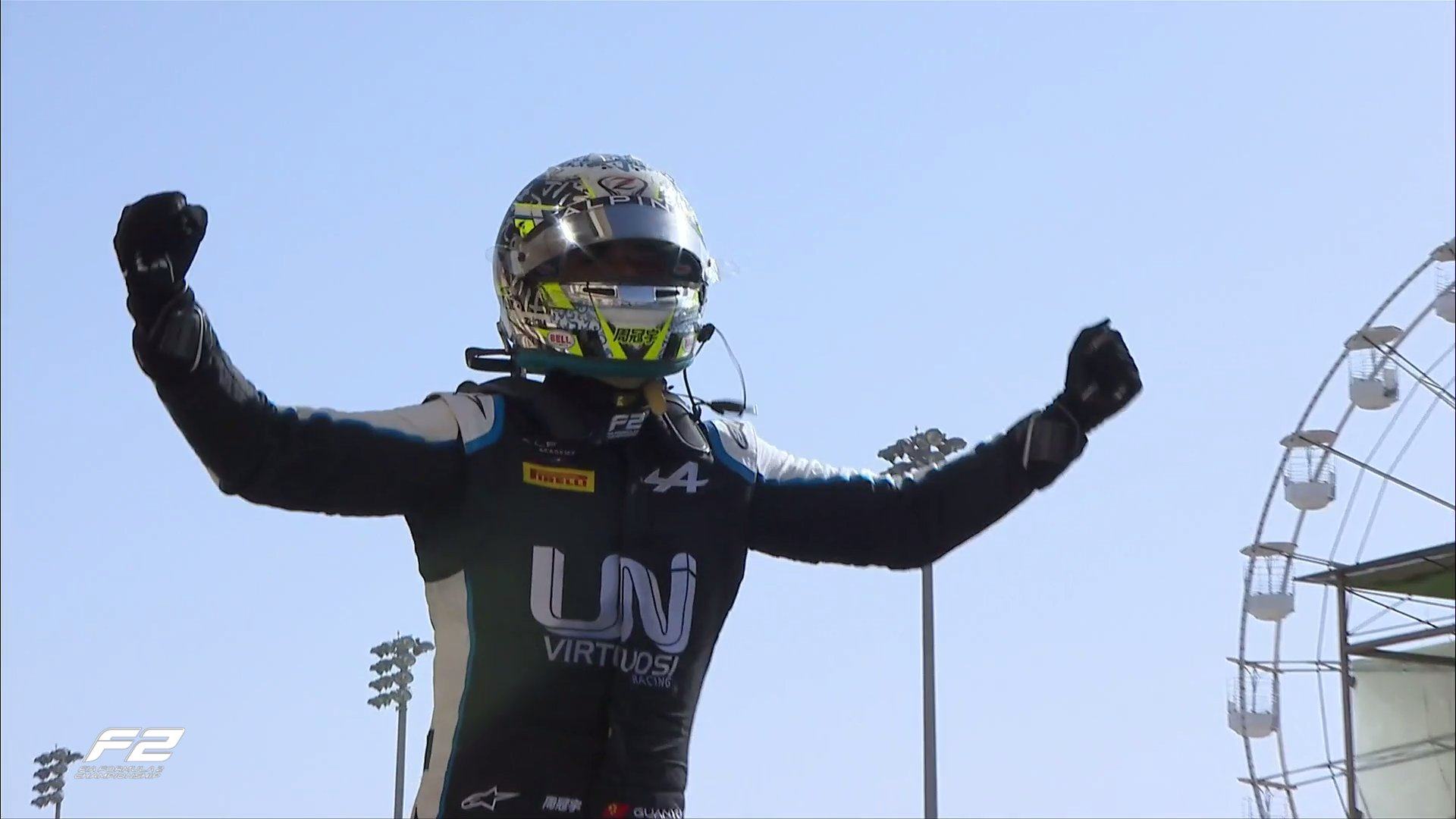 Chinese UNI-Virtuosi Formula 2 driver Zhou Guanyu celebrates winning the first feature race of the 2021 season at rhe Bahrain International Circuit. Photo: Twitter/@Formula2