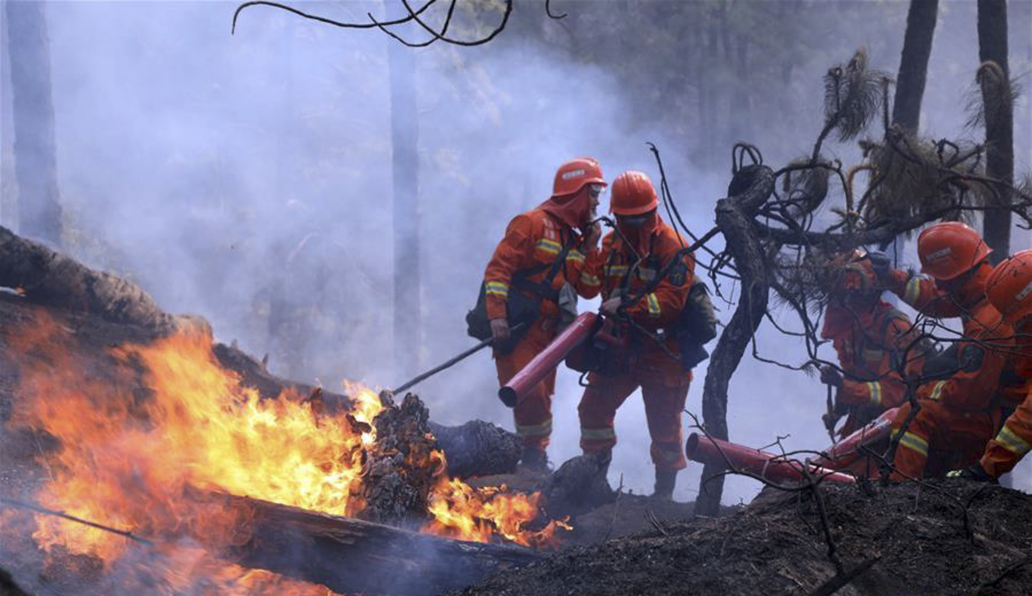 Fire fighters put out a forest fire in Liangshan prefecture, Sichuan province in China on March 31, 2020. Photo: Xinhua