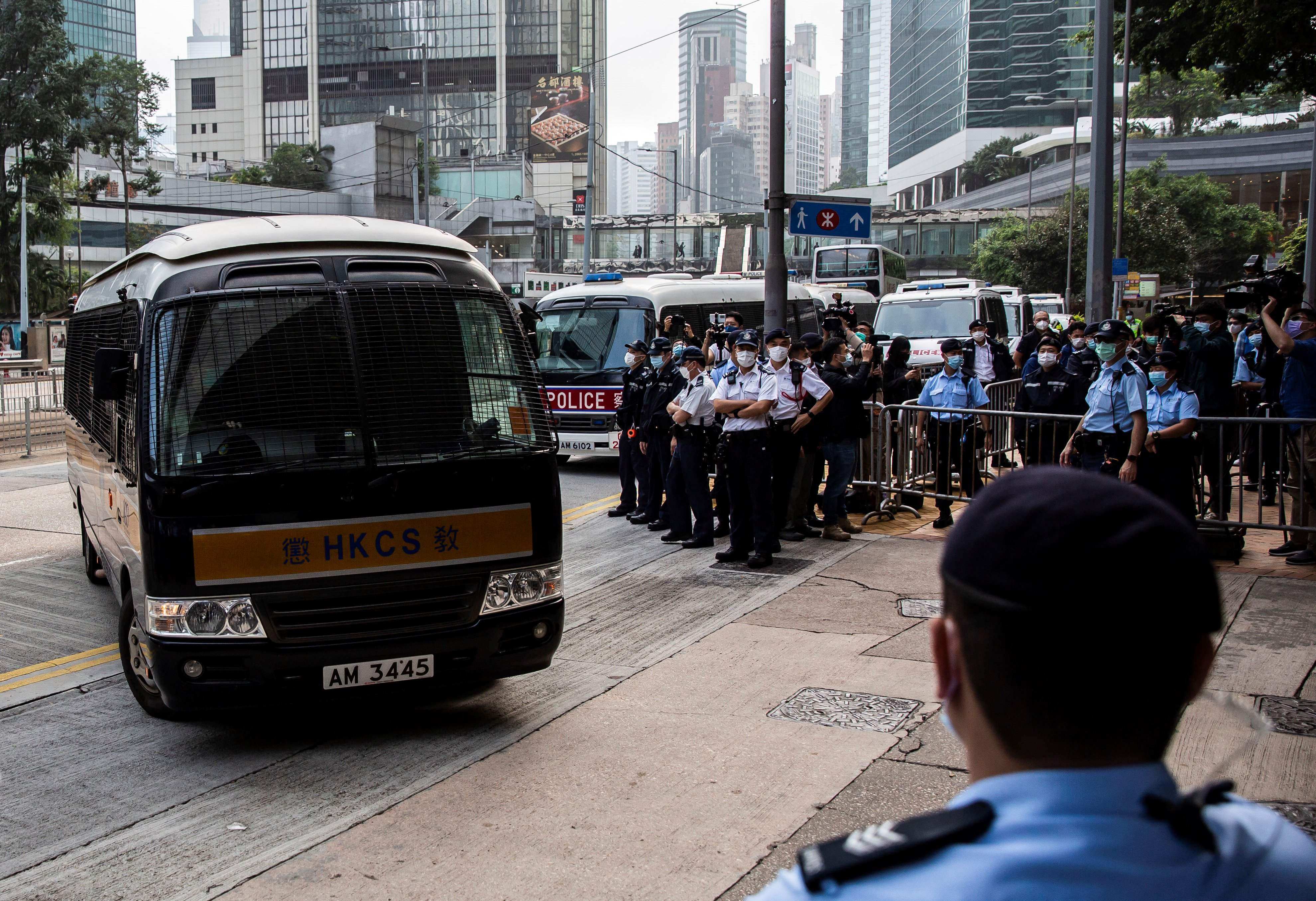 A Correctional Services Department van arrives at the High Court in Hong Kong. Photo: AFP