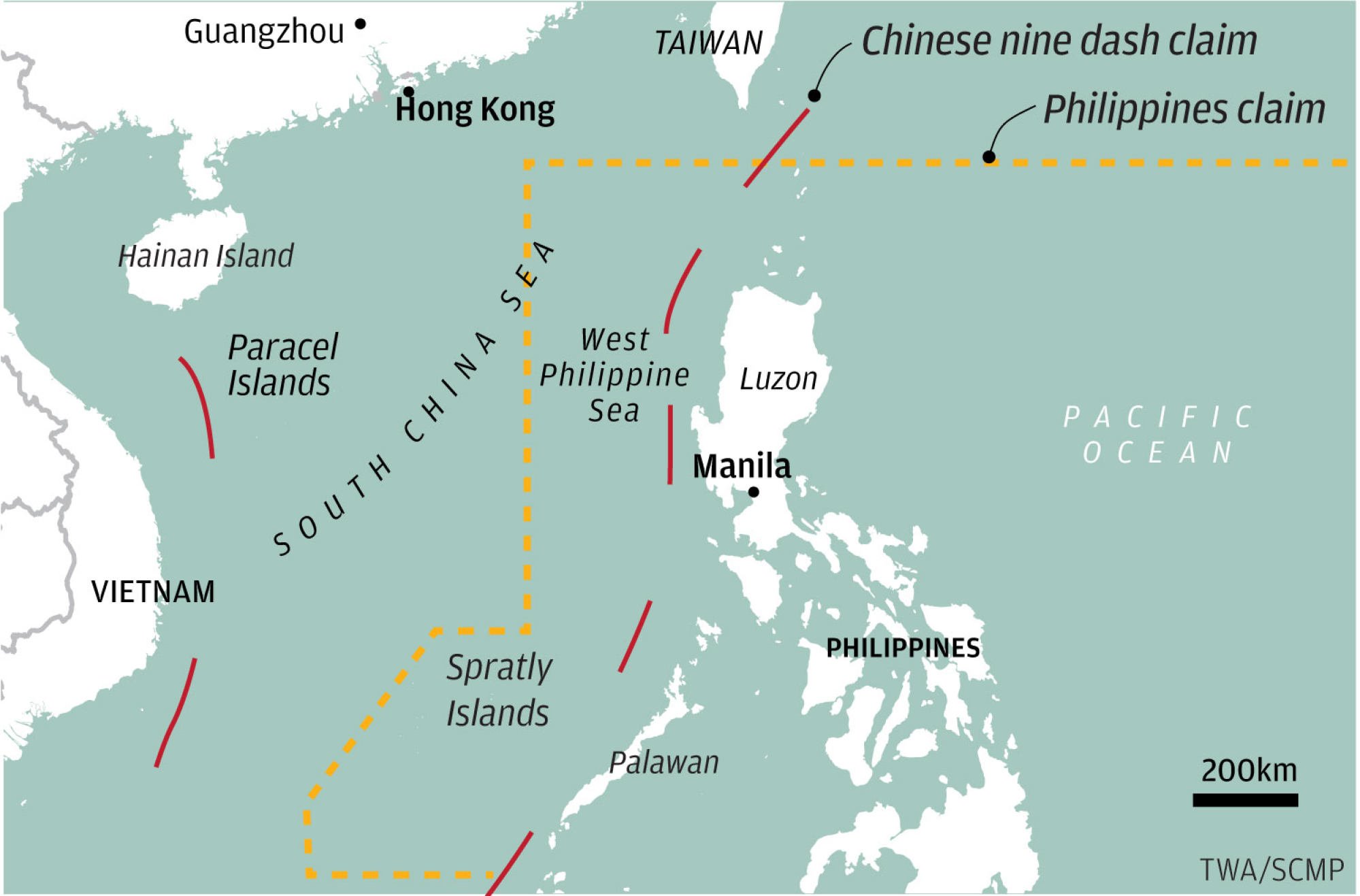 China and the Philippines have overlapping claims in the South China Sea. Map: TWA/SCMP
