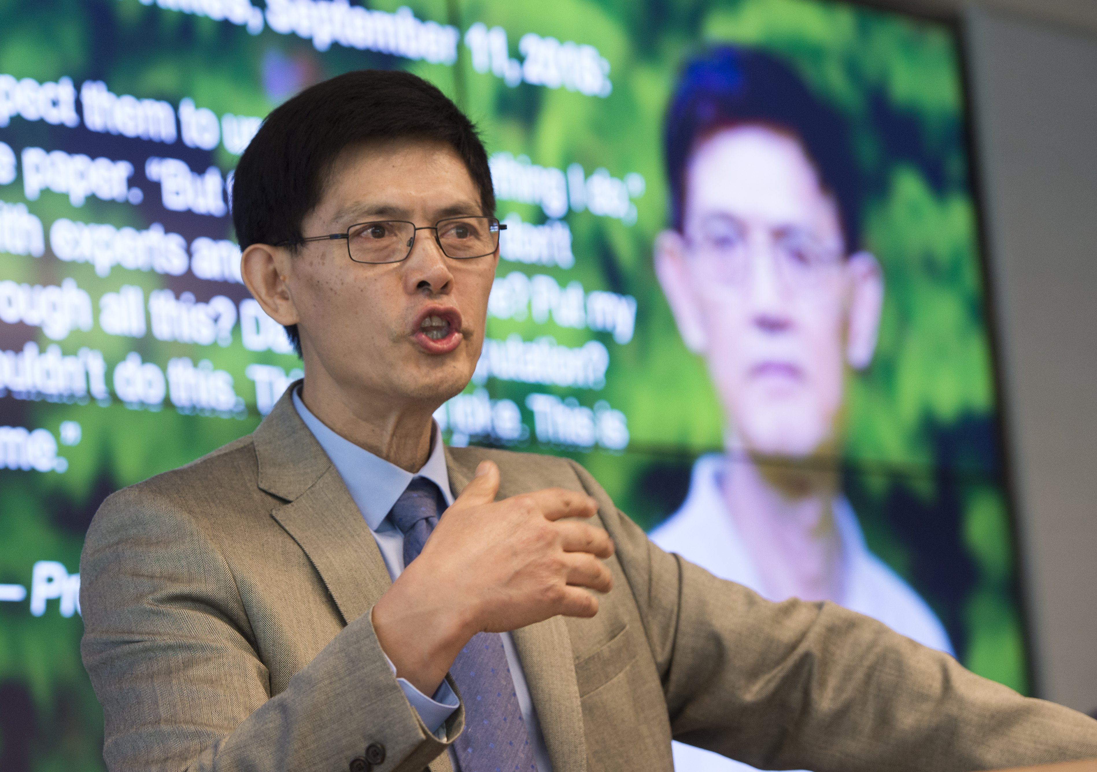 Xi Xiaoxing, chair of the Physics Department at Temple University, speaks about the dropped spying charges during a press conference in Washington in September 2015. Photo: AFP