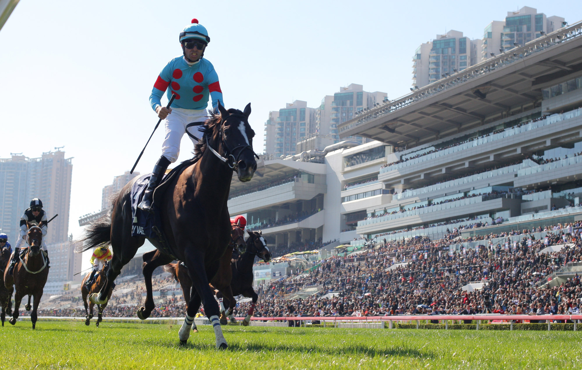 Joao Moreira celebrates Glory Vase winning the 2019 Hong Kong Vase. Photo: Kenneth Chan