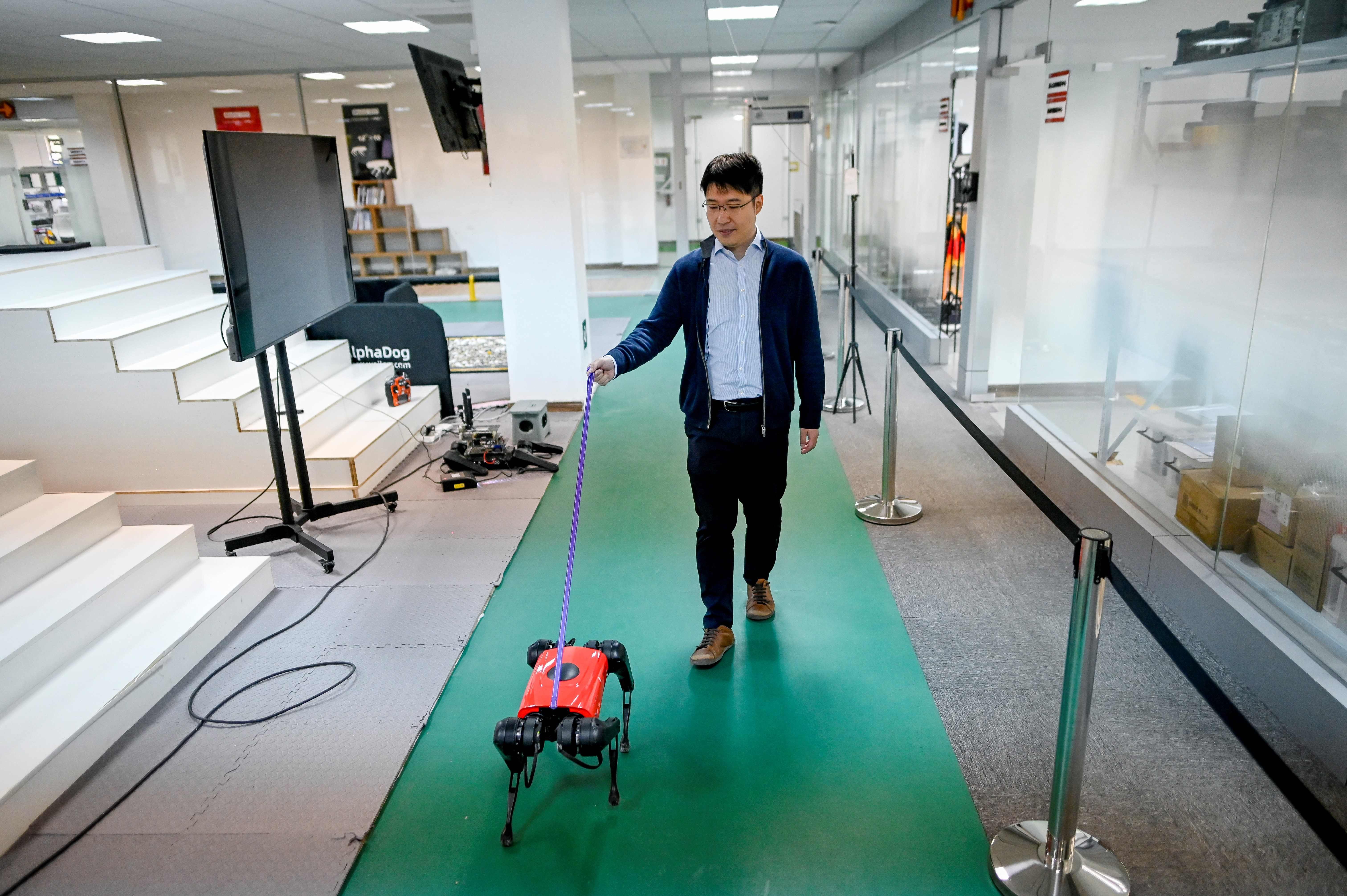 Ma Jie, chief technology officer for Weilan, walks an AlphaDog at the company workshop in Nanjing. Photo: AFP