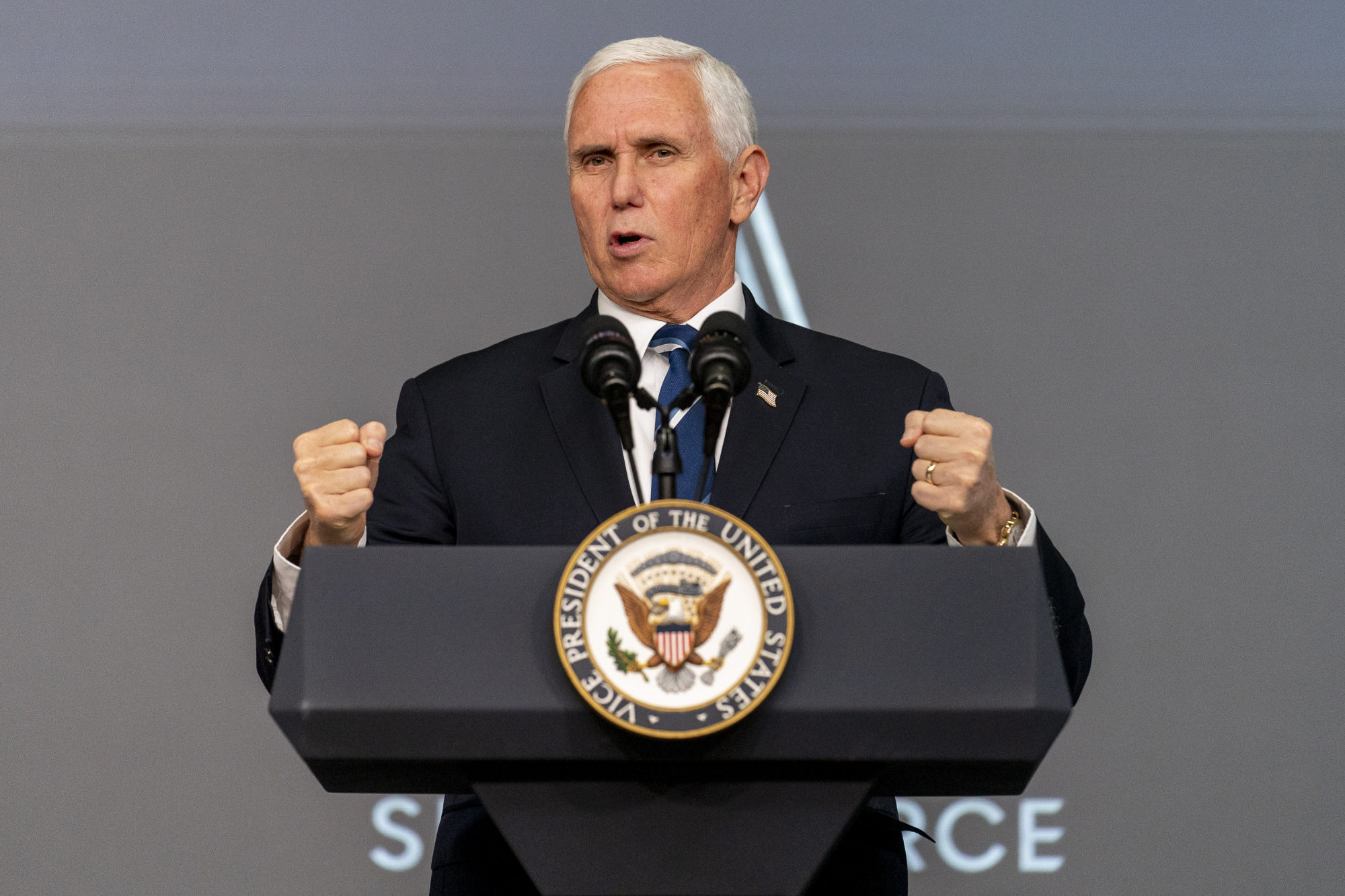 Vice President Mike Pence speaks at a ceremony to commemorate the first birthday of the U.S. Space Force at the Eisenhower Executive Office Building on the White House complex, Friday, Dec. 18, 2020, in Washington. Photo: AP