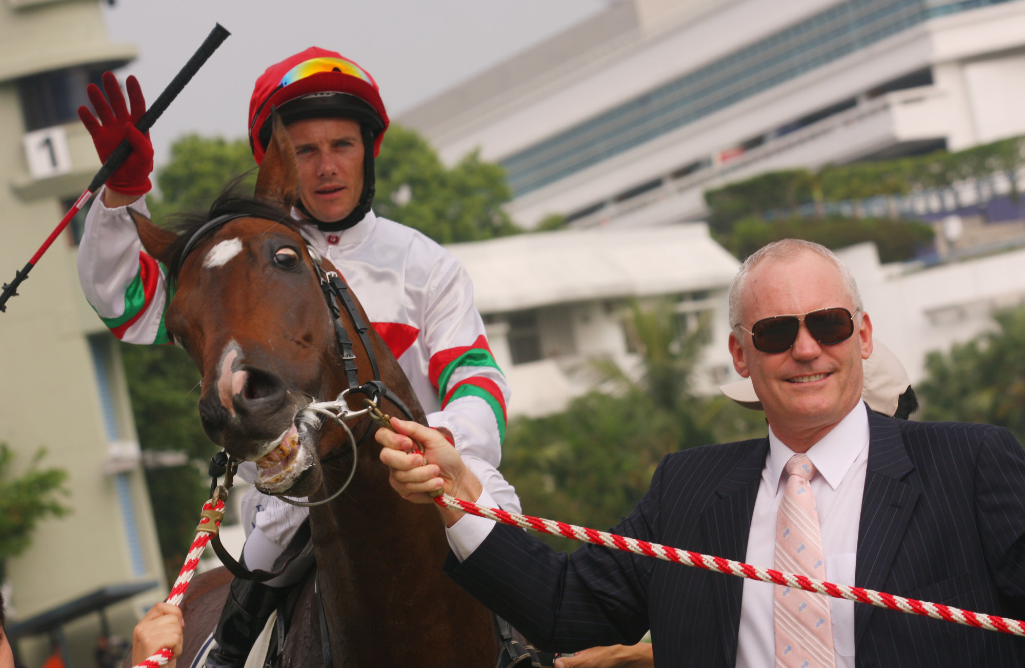 Jockey Brett Prebble and trainer David Hall celebrate Taverner’s second win at Sha Tin, his next victory didn’t come for 16 months. 