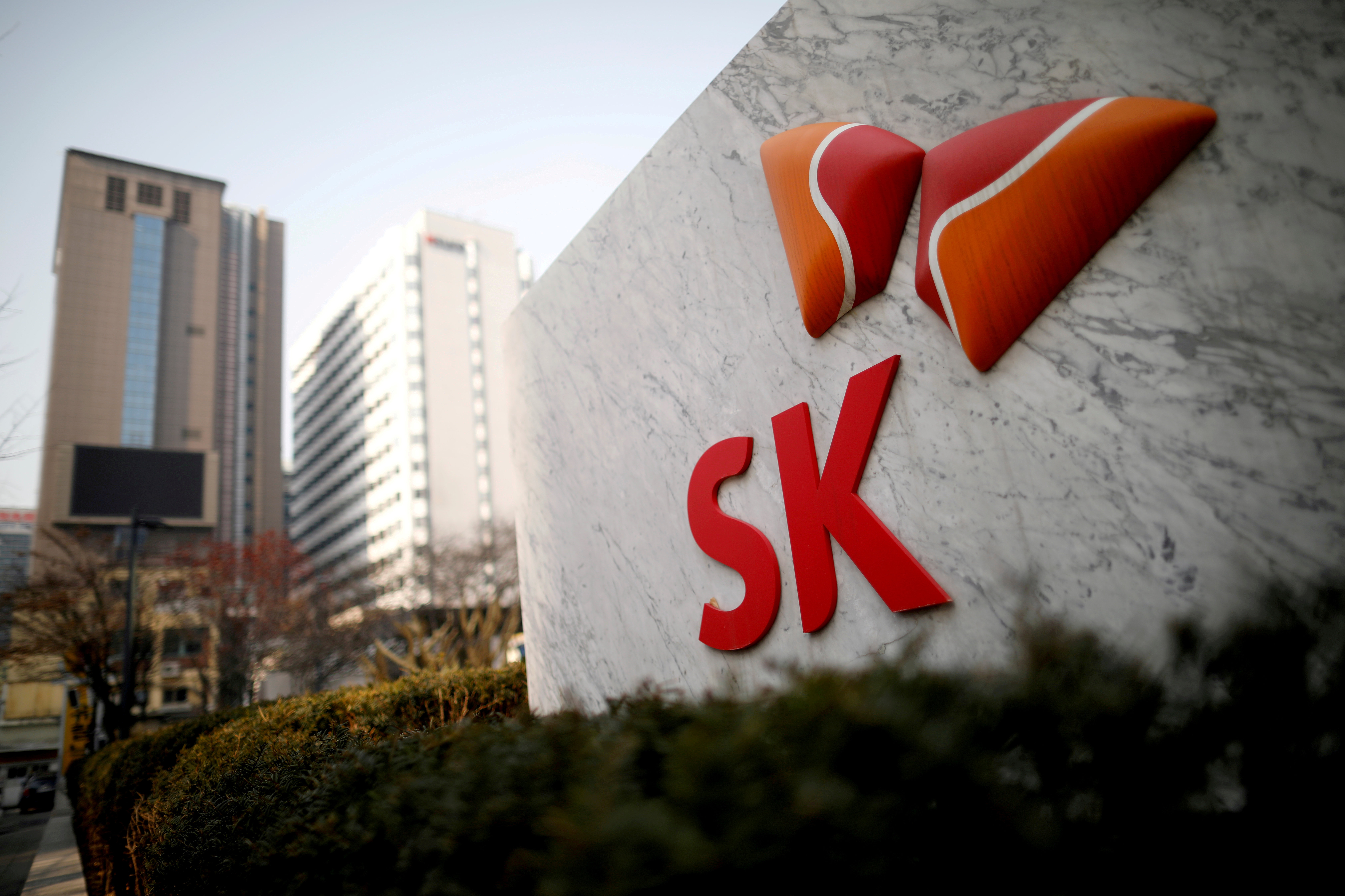 The logo of SK Innovation is seen in front of its headquarters in Seoul in February 2017. Photo: Reuters