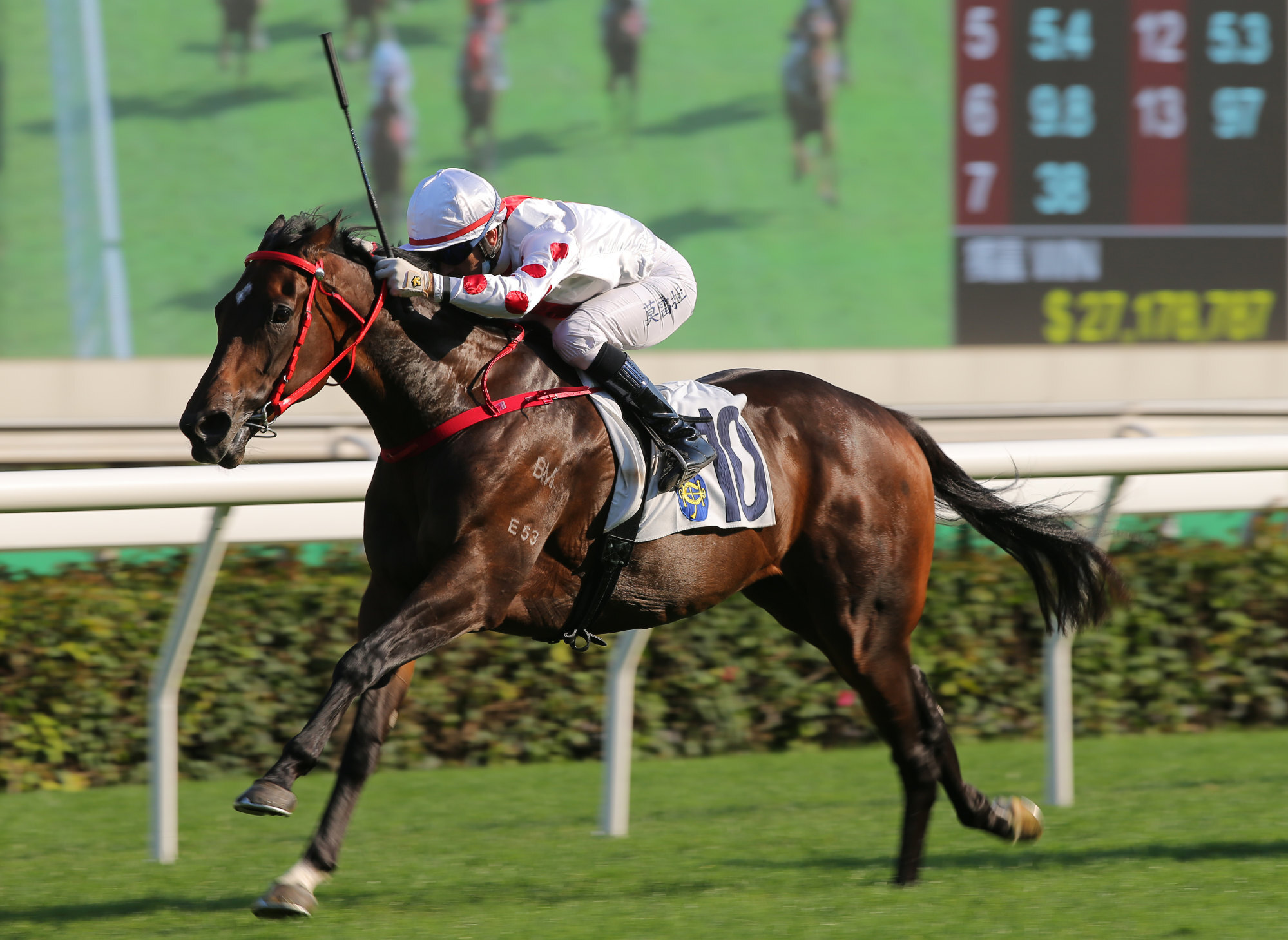 Joao Moreira punches out Looking Great to win at Sha Tin on Sunday. 
