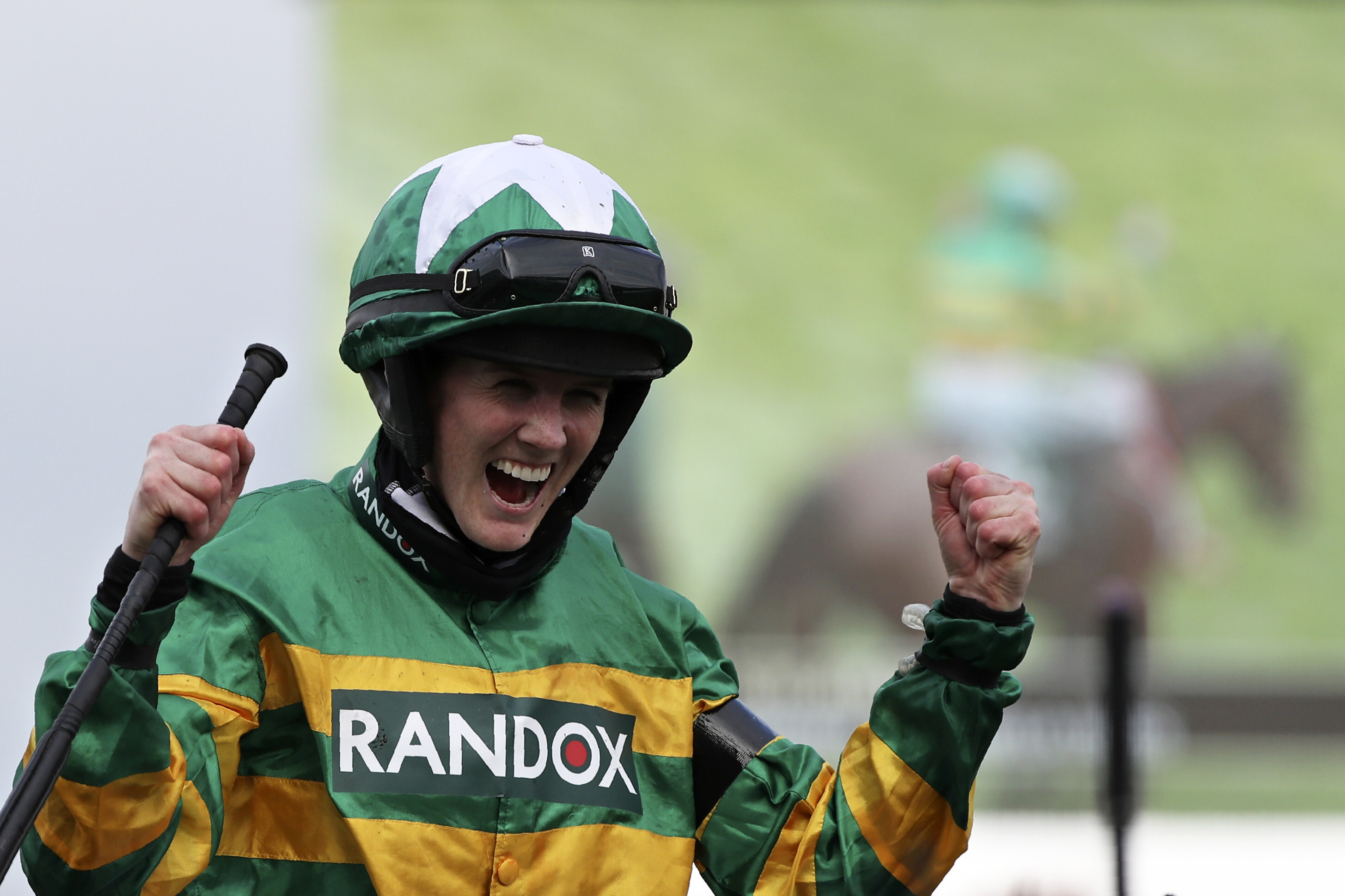 Rachael Blackmore celebrates after winning the Randox Grand National Handicap Chase at Aintree racecourse, near Liverpool, UK on Saturday. Photo: AP