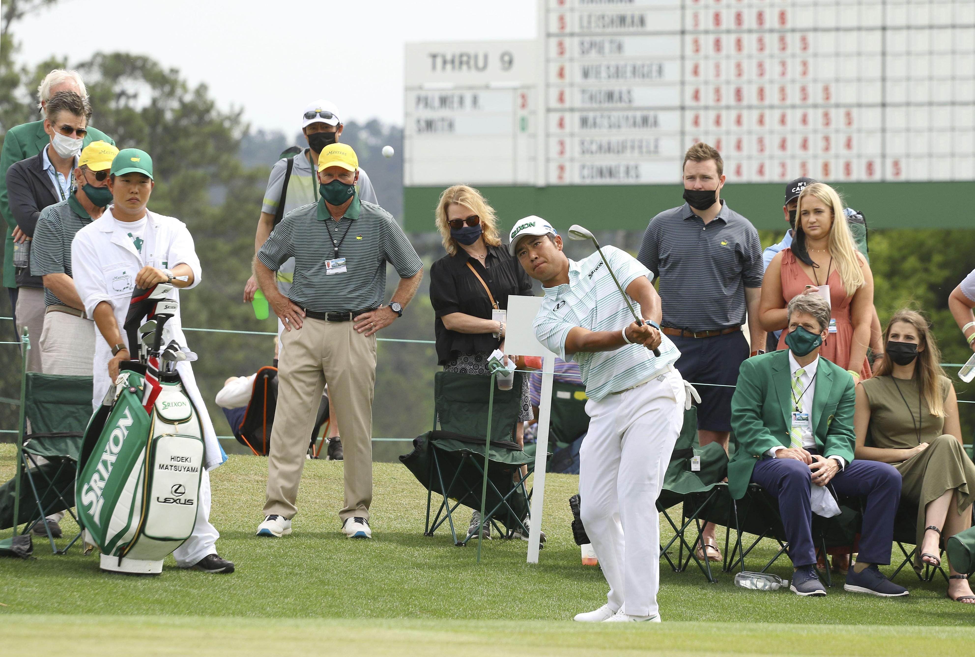 Hideki Matsuyama of Japan hits the top of the leaderboard at Augusta. Photo: Kyodo