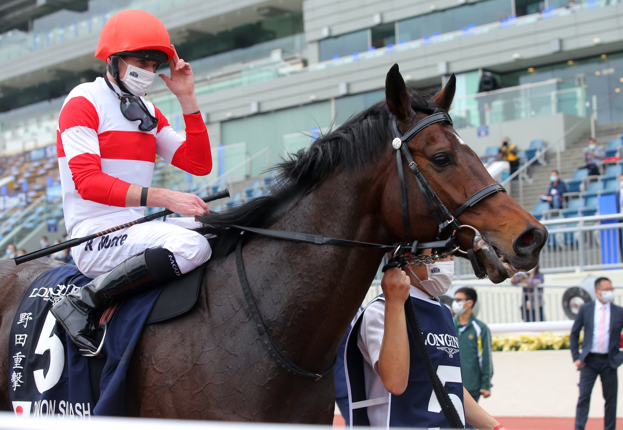 Englishman Ryan Moore salutes after winning the Hong Kong Sprint in December aboard Danon Smash. 