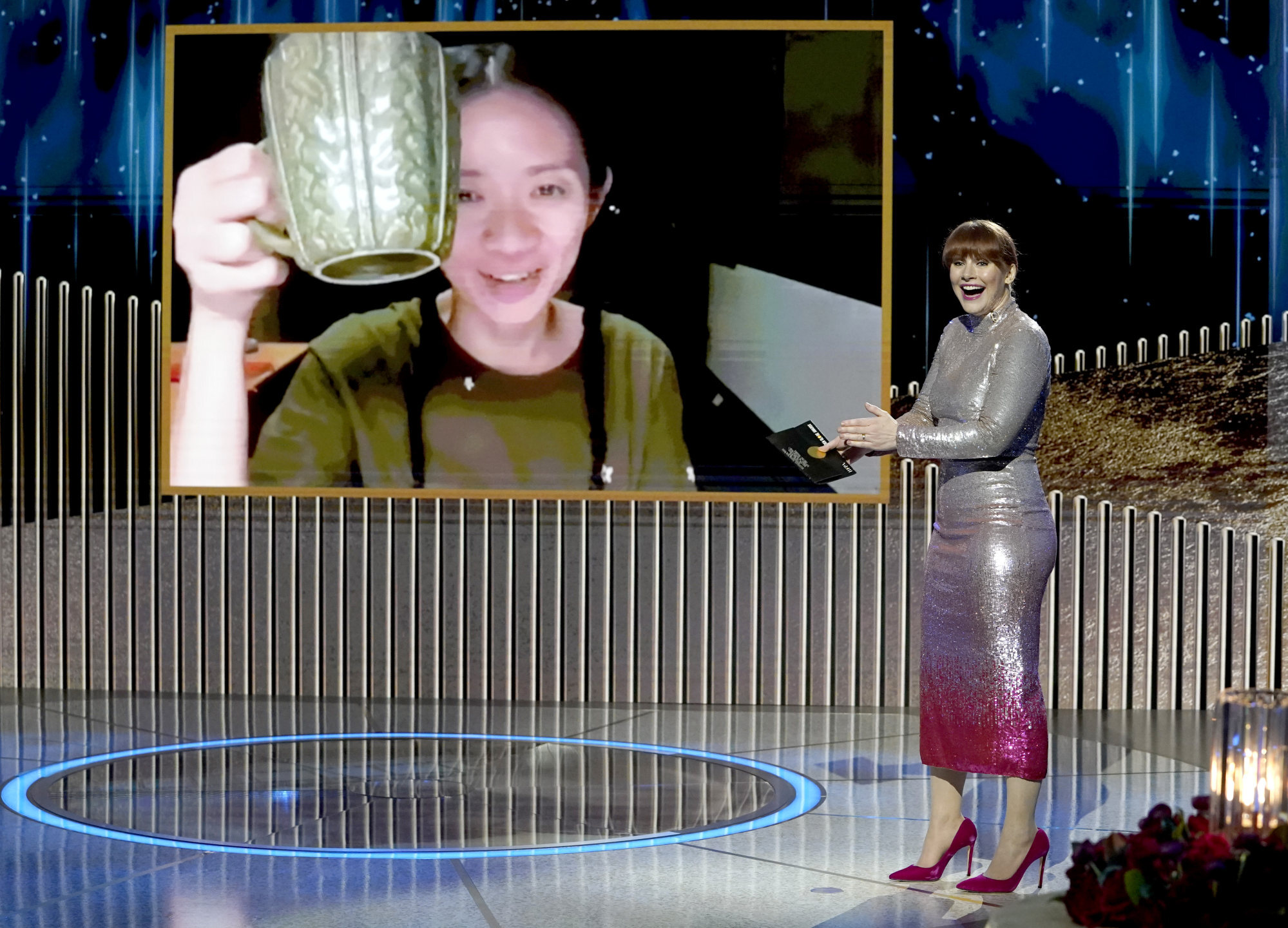 Chloe Zhao accepts the Best Director award via video at the 78th Annual Golden Globe Awards on February 28, 2021 in New York. Photo: NBCU Photo Bank via Getty Images