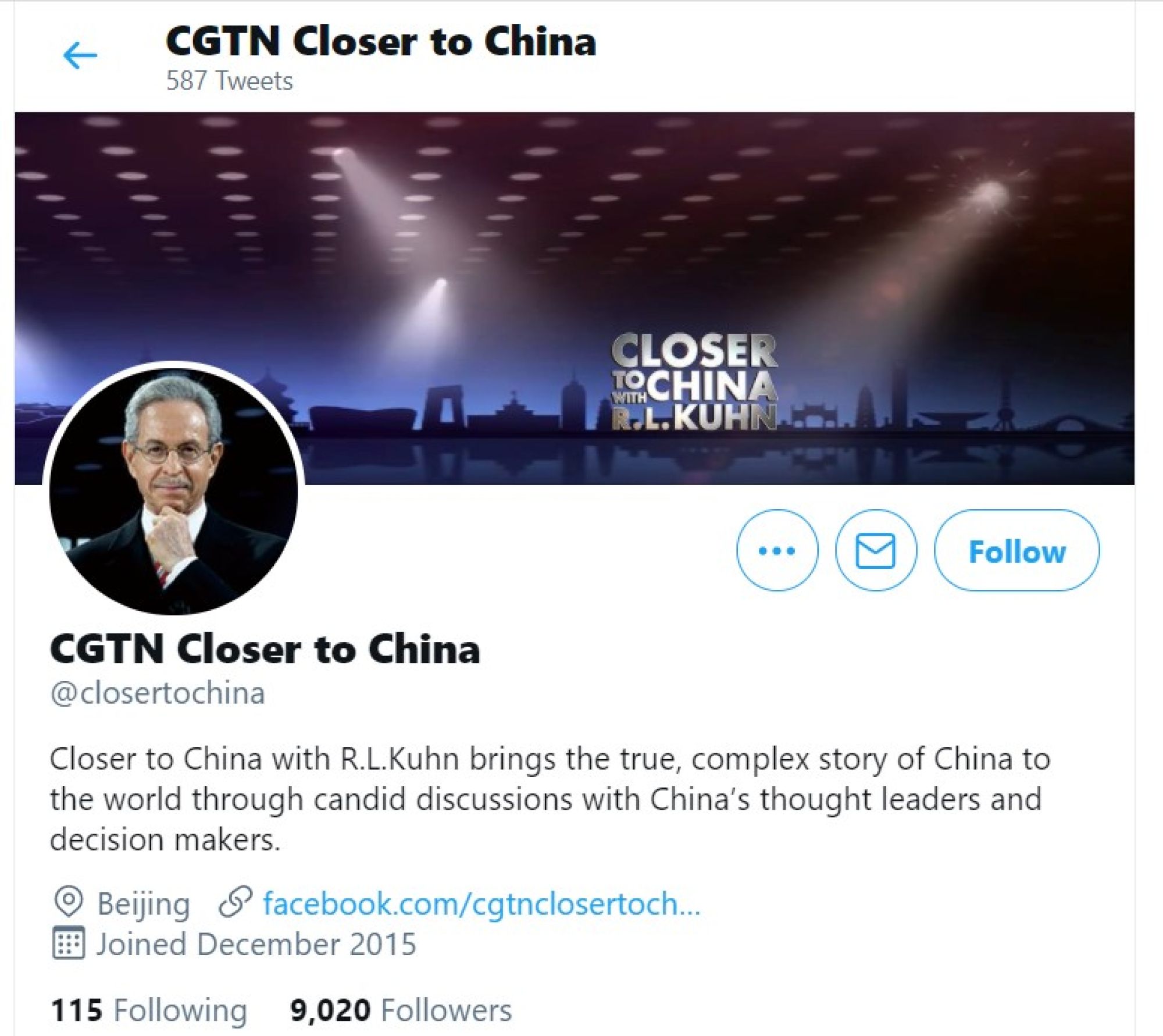Screenshot of the Twitter profile page for CGTN Close to China, a programme hosted by Robert Lawrence Kuhn that does not include the “China state-affiliated media” label.