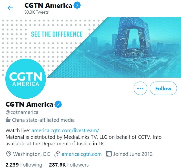 A screenshot of China Global Television Network (CGTN) America’s profile page on Twitter shows the label “China state-affiliated media”. Image: Twitter