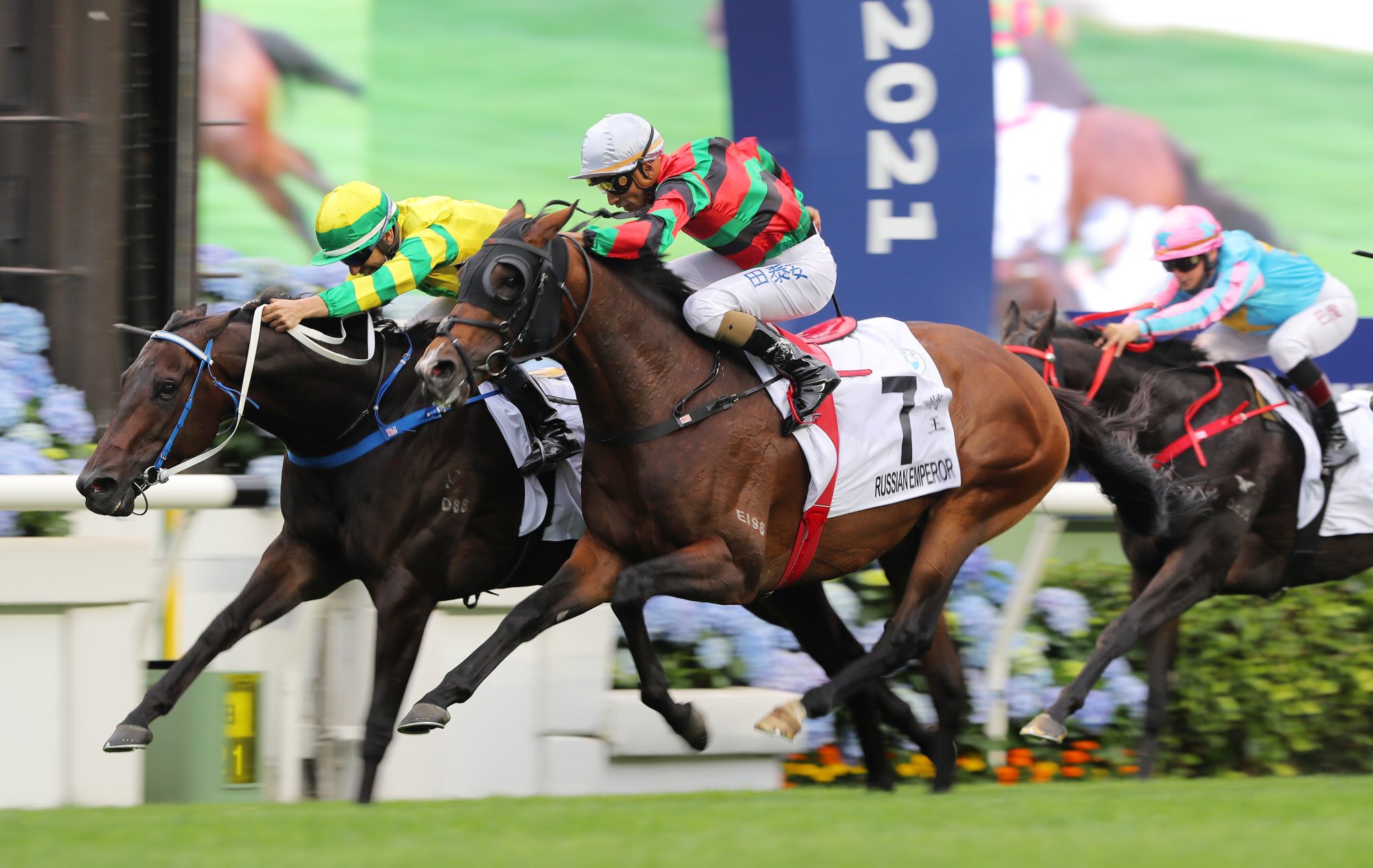 Russian Emperor (outside) is narrowly beaten by Sky Darci in the Hong Kong Derby. 