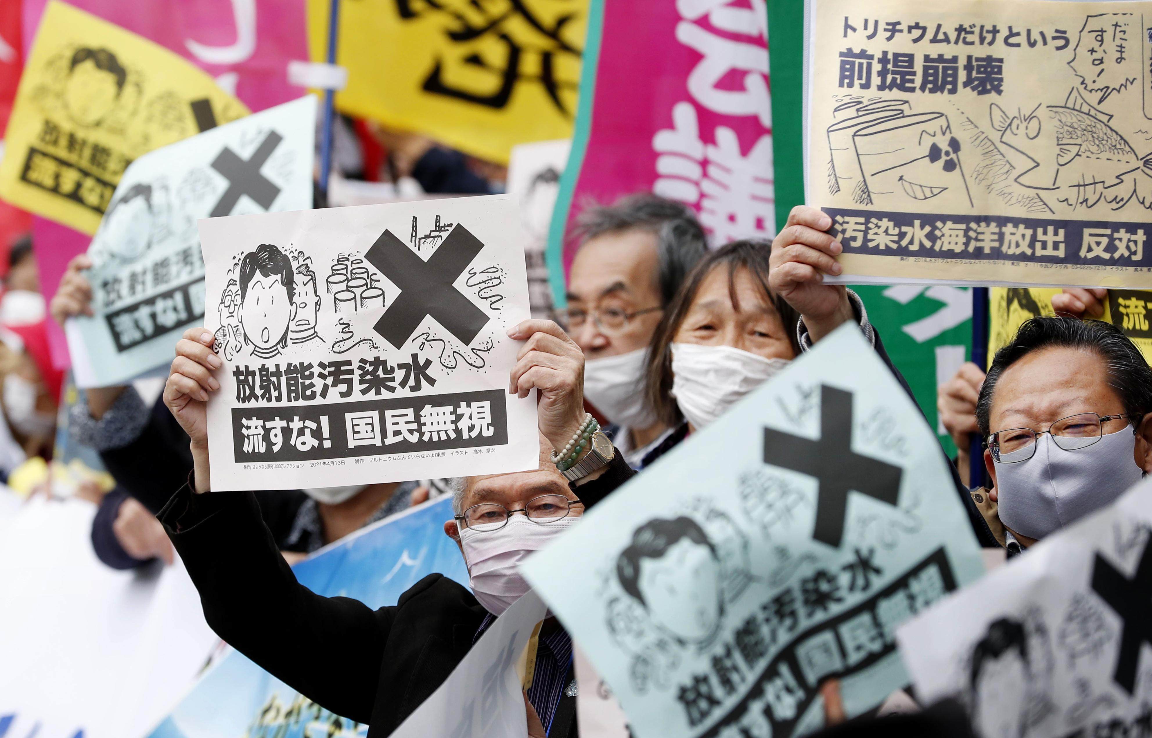 People rally in front of the prime minister’s office in Tokyo this month against the Japanese government’s decision to release treated radioactive water from the crippled Fukushima Daiichi nuclear power plant into the sea. Photo: Kyodo