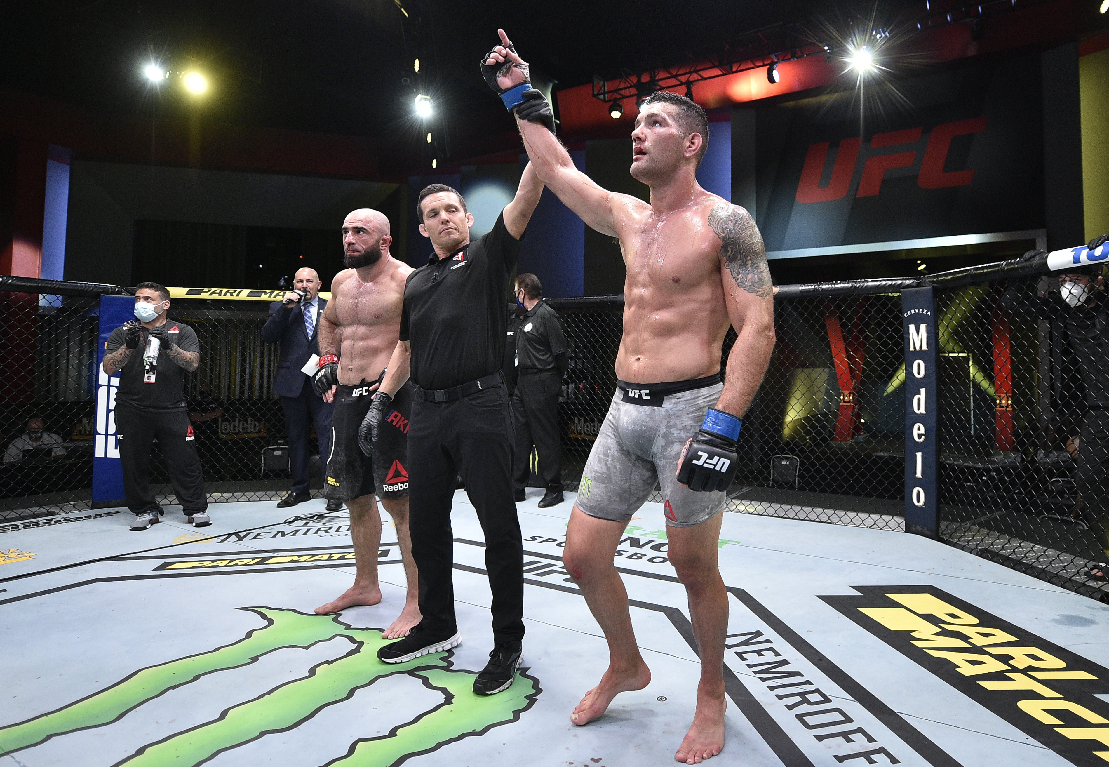 Chris Weidman celebrates after his victory over Omari Akhmedov in their middleweight bout during the UFC Fight Night event on August 8, 2020 in Las Vegas, Nevada. Photo: Chris Unger/Zuffa LLC