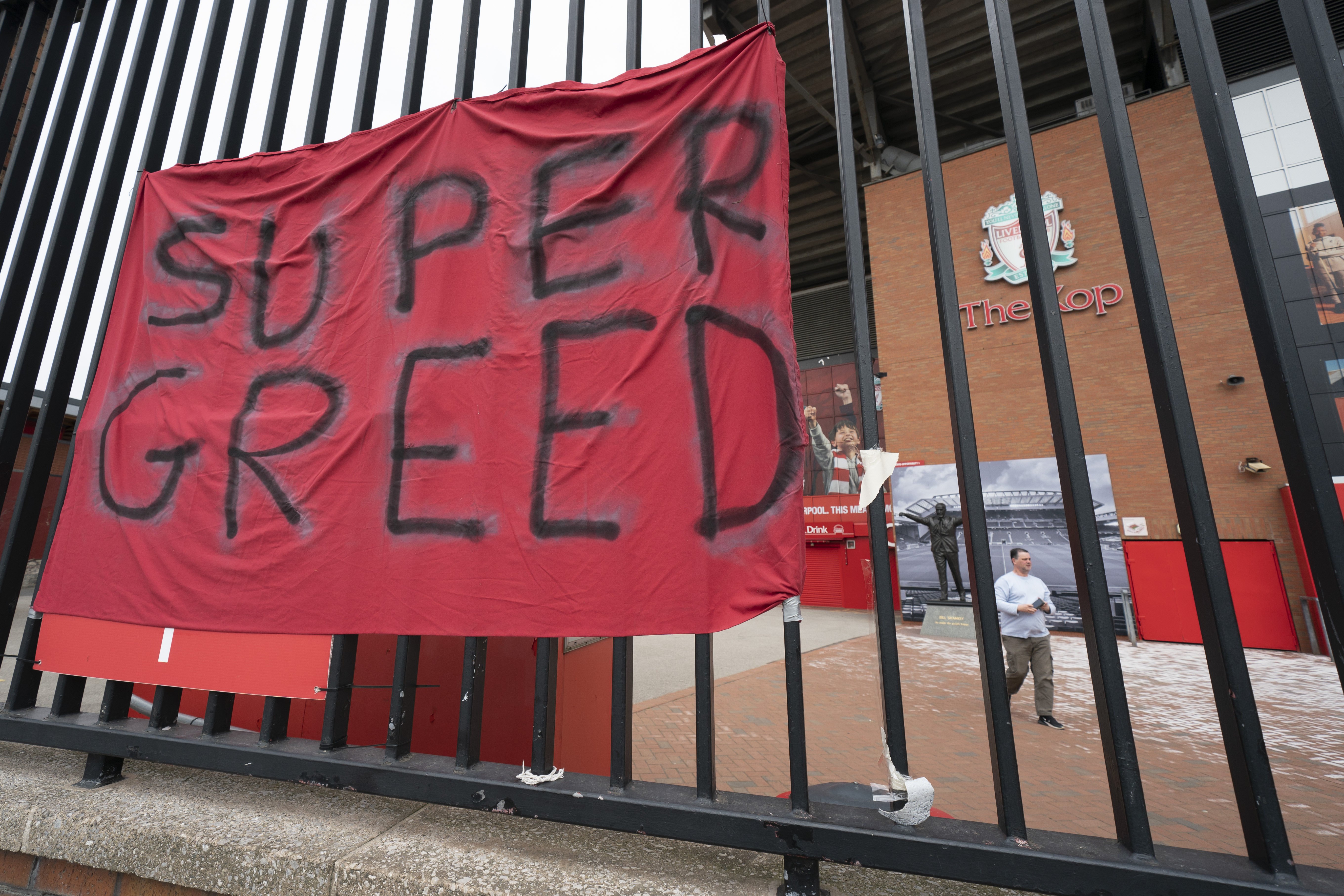 A protest banner is hung outside Liverpool’s Anfield after the collapse of English club’s involvement in the proposed new European Super League. Photo: AP