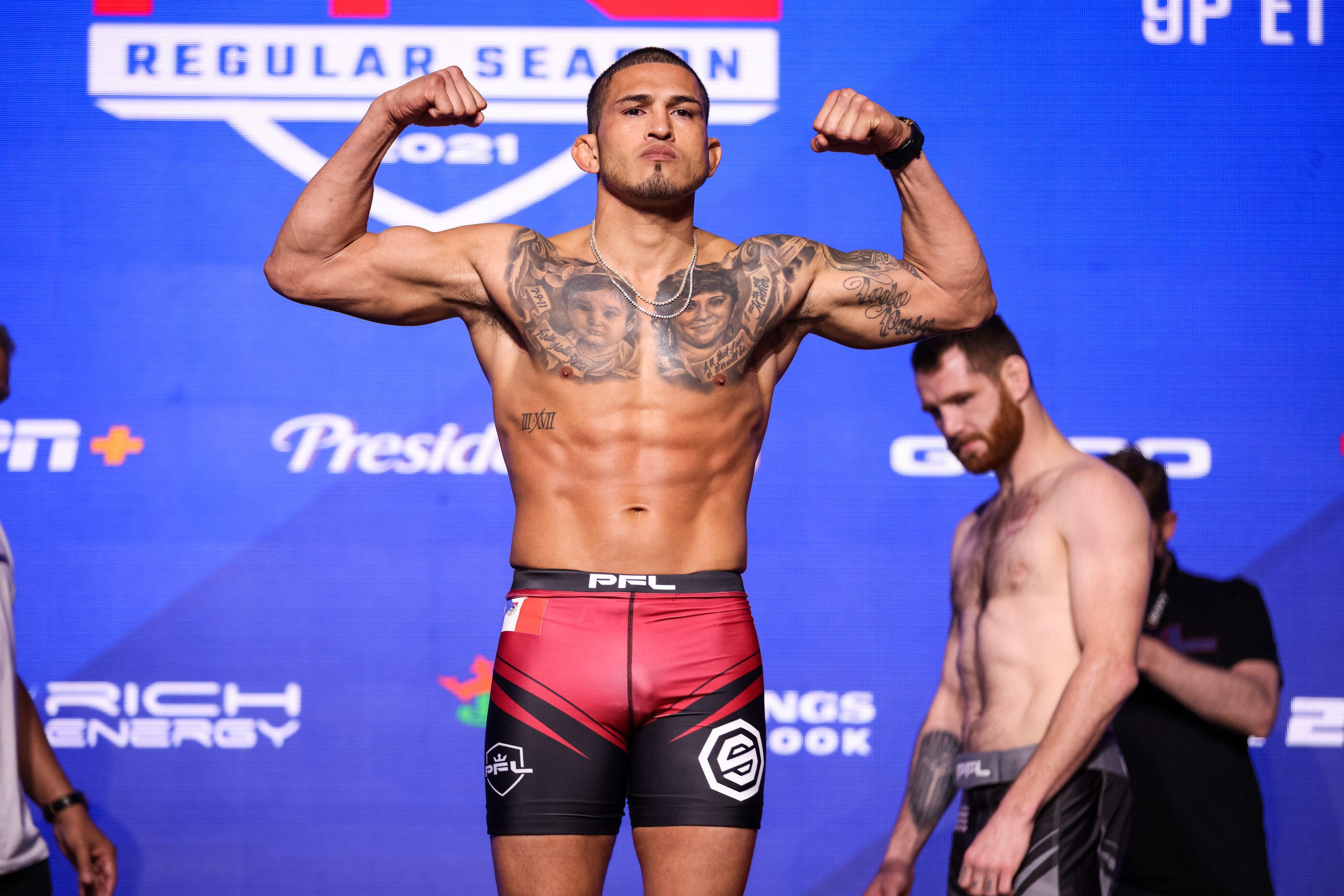Anthony Pettis poses on the scale at the PFL weigh-ins. Photos: PFL