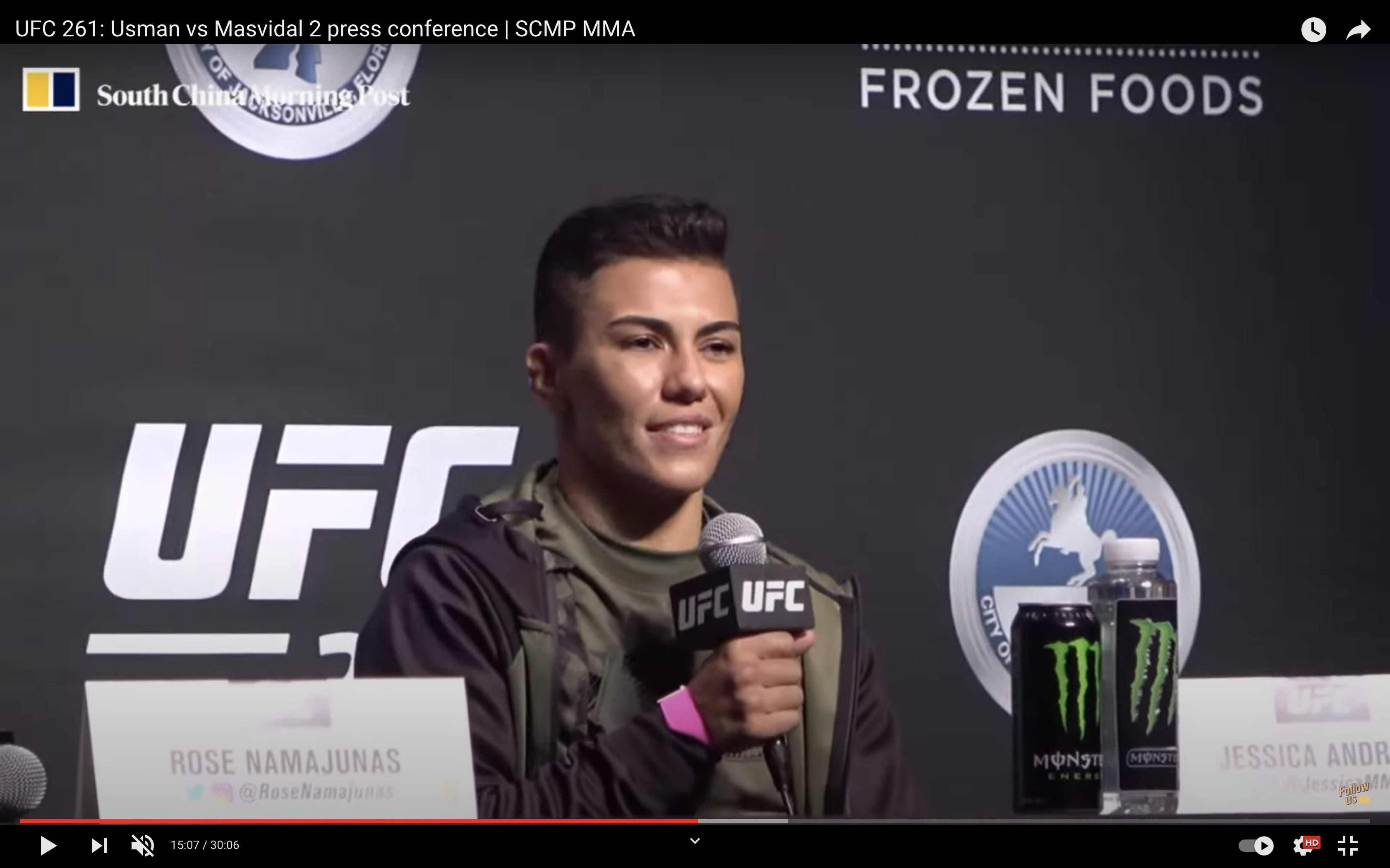 Jessica Andrade speaks to the media at the UFC 261 press conference in Jacksonville, Florida. Photo: Drake Riggs