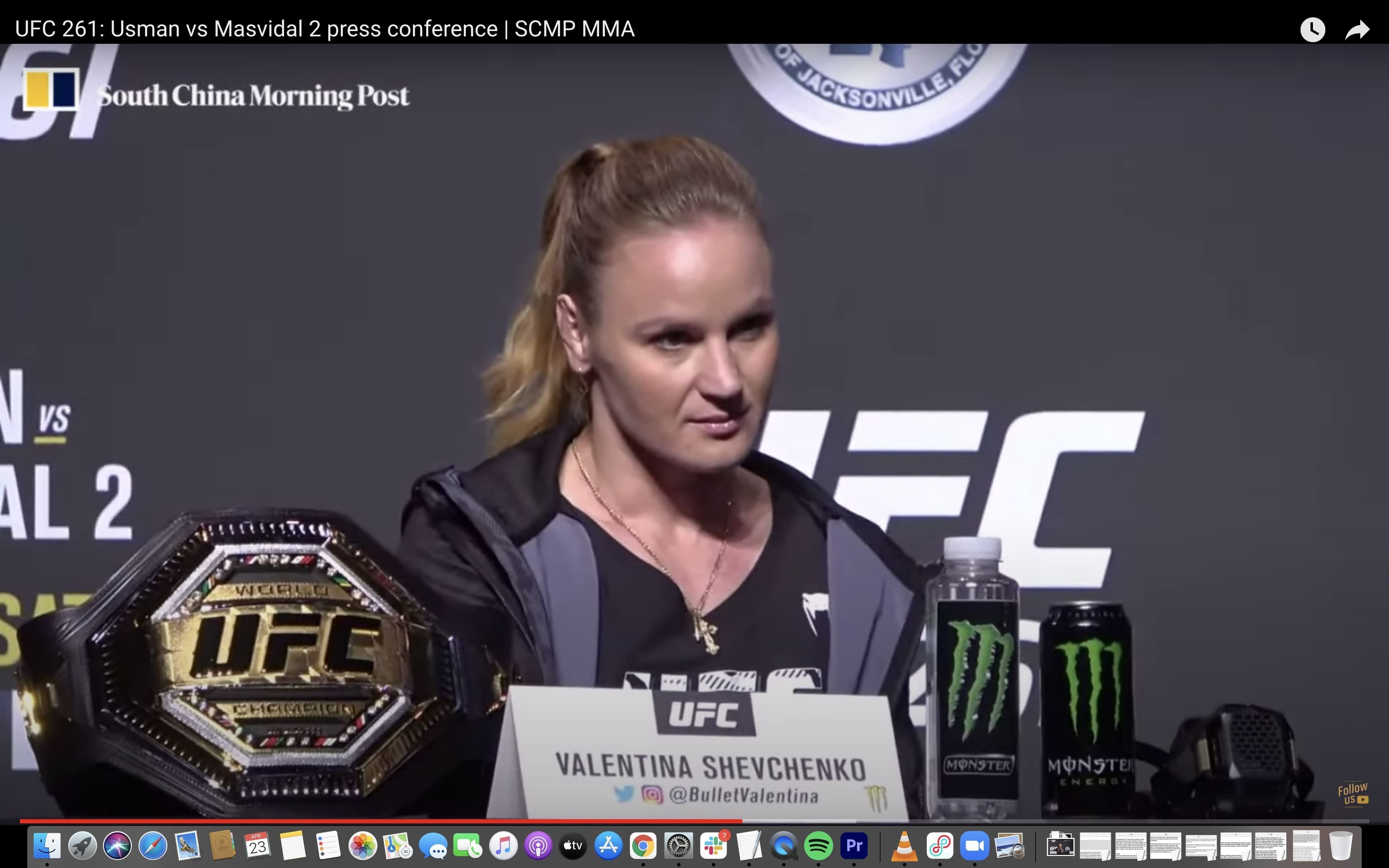 Valentina Shevchenko speaks to the media at the UFC 261 press conference in Jacksonville, Florida. Photo: Drake Riggs