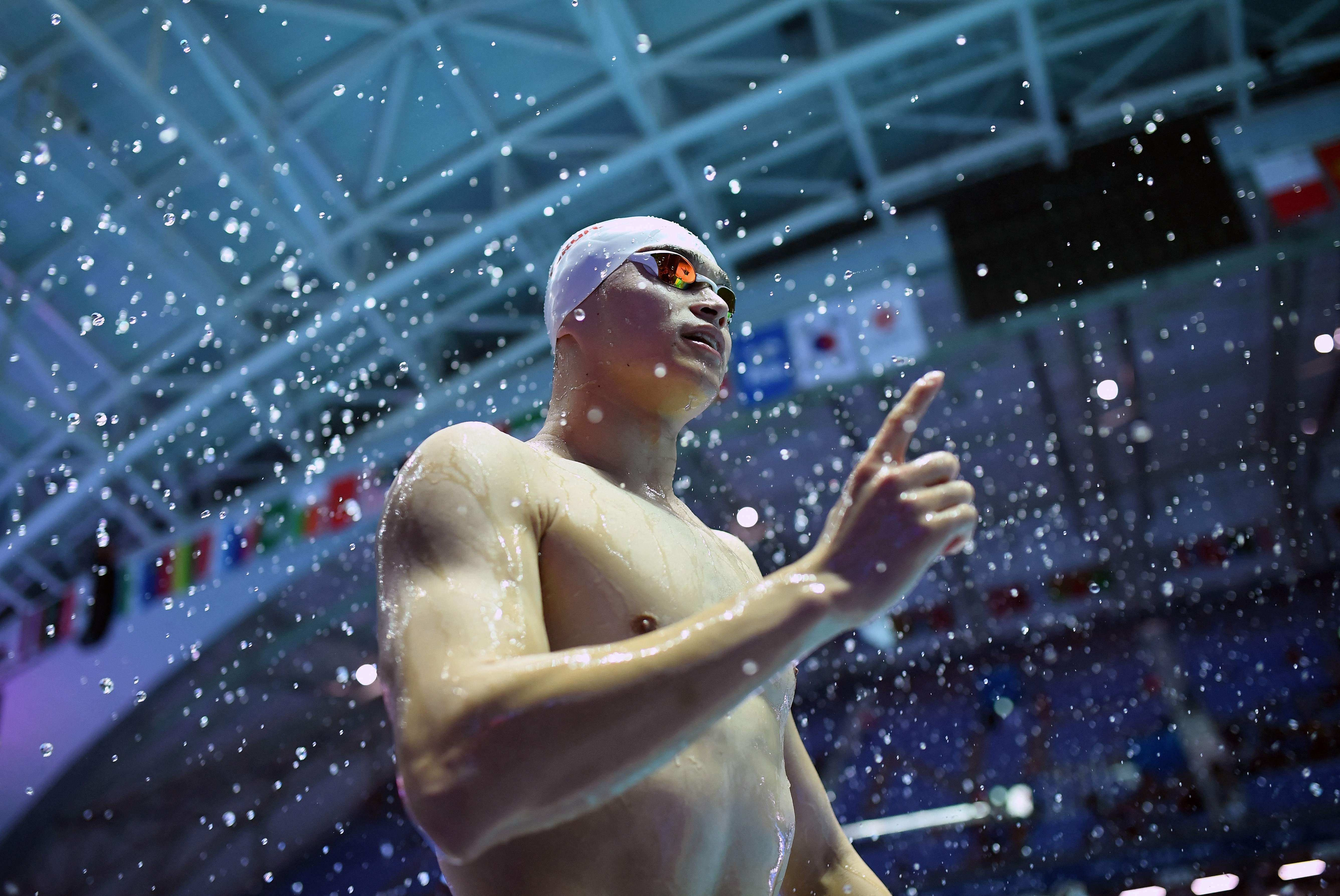 China’s Sun Yang gestures during a training session at the 2019 FIna World Championships in Gwangju, South Korea. Photo: AFP