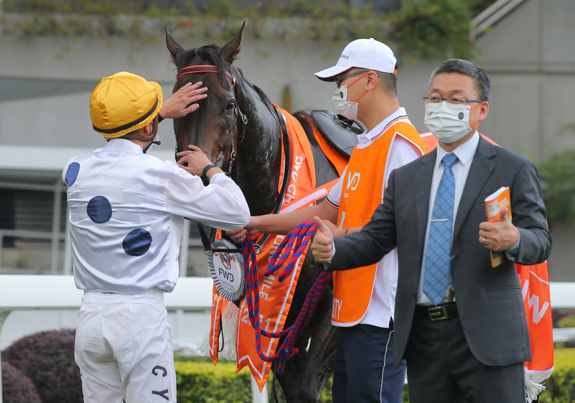 Vincent Ho gives Golden Sixty a pat as trainer Francis Lui celebrates.