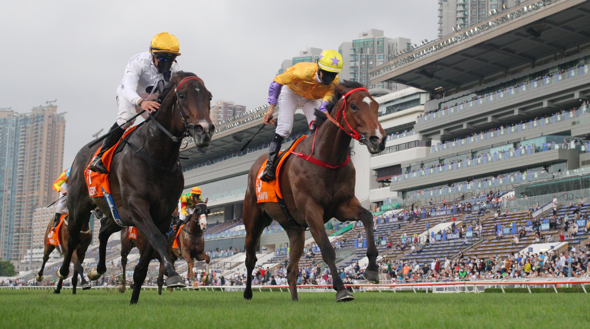 Fans watch on as Golden Sixty (left) beats More Than This to win the Champions Mile.