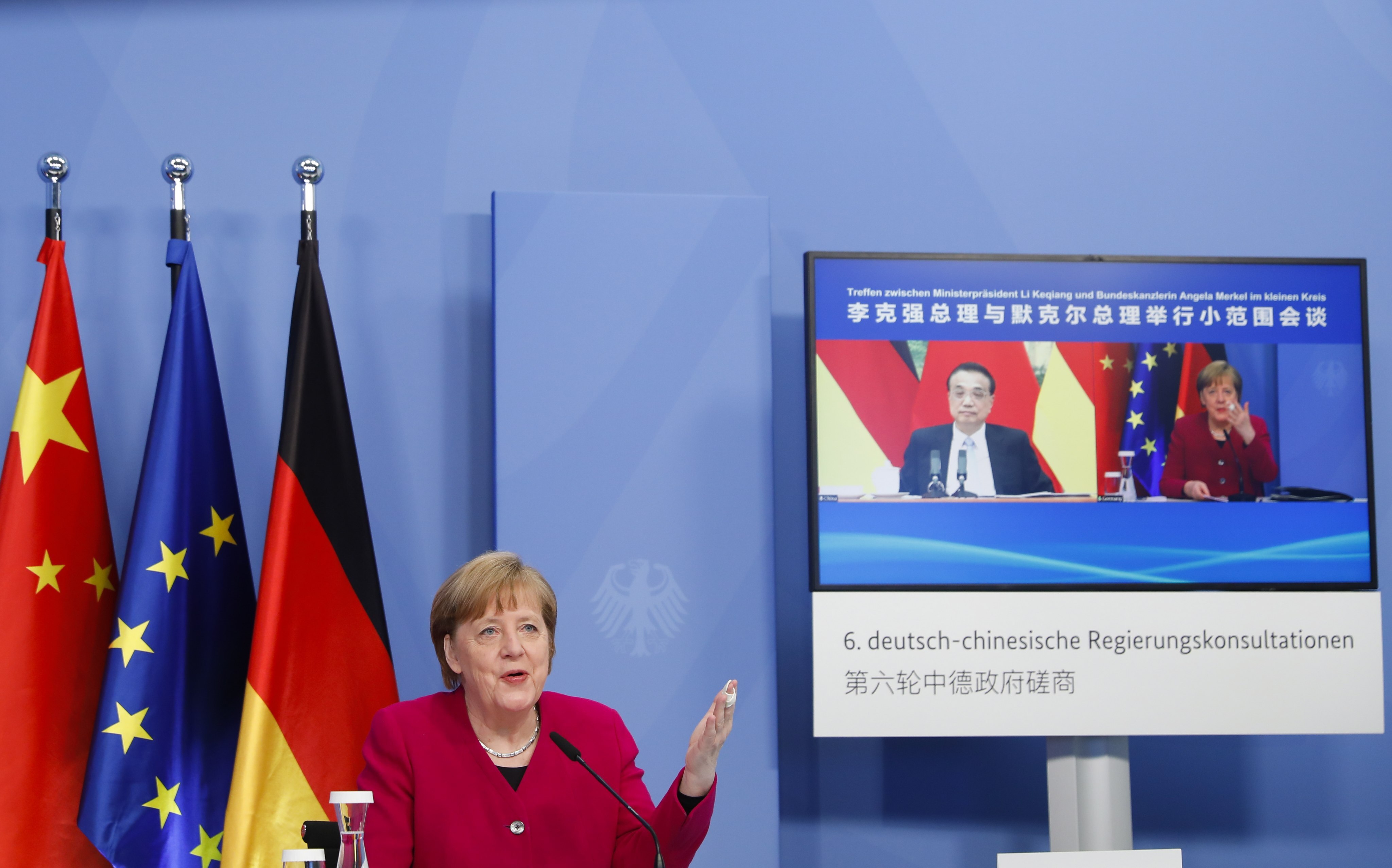 German Chancellor Angela Merkel and Chinese Premier Li Keqiang hold virtual talks on Wednesday. Photo: EPA-EFE