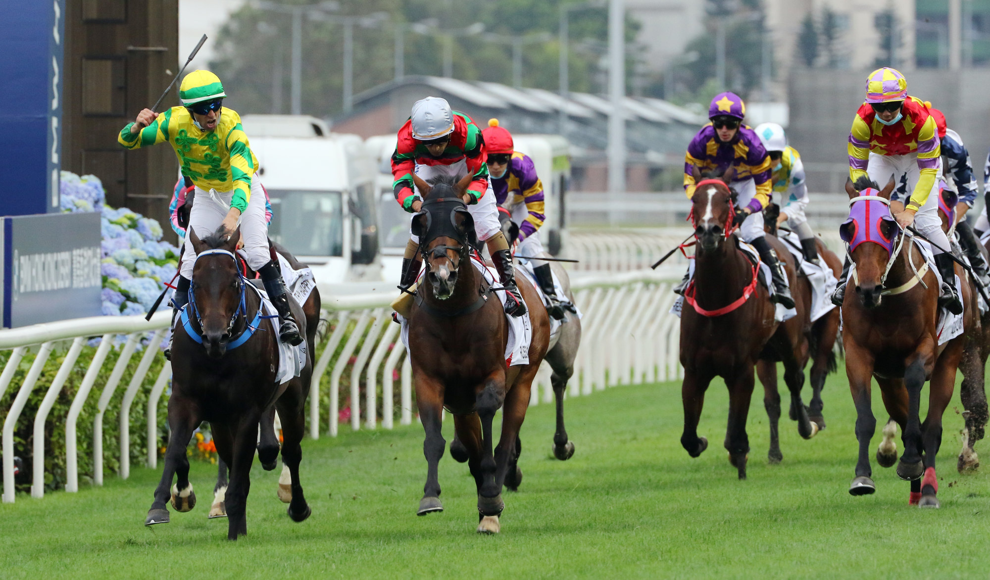 Russian Emperor (middle) is beaten by Sky Darci (left) in the Hong Kong Derby last month. 