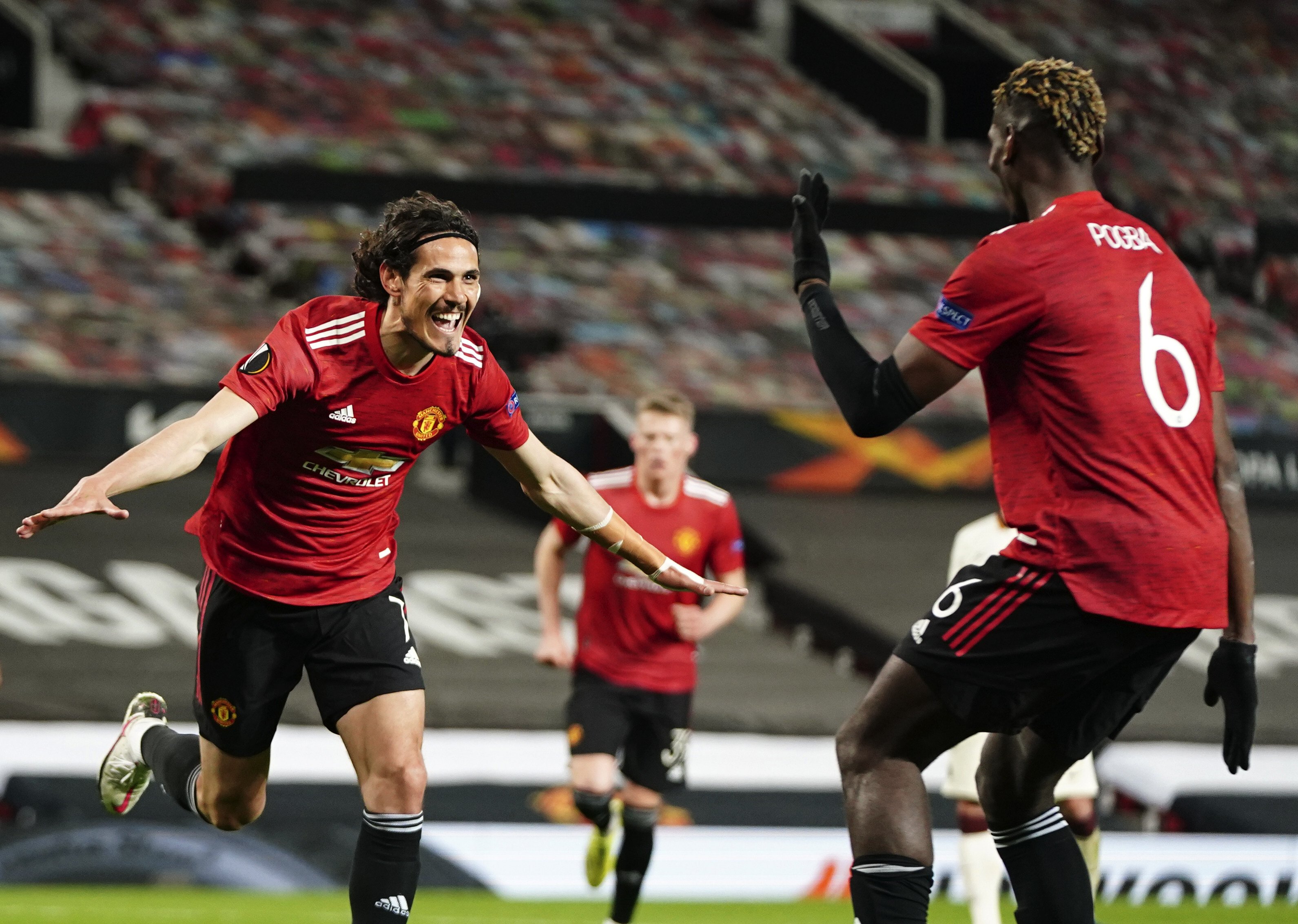 Manchester United’s Edinson Cavani celebrates after scoring his side’s third goal during the Europa League semi final, first leg against Roma at Old Trafford. Photo: AP