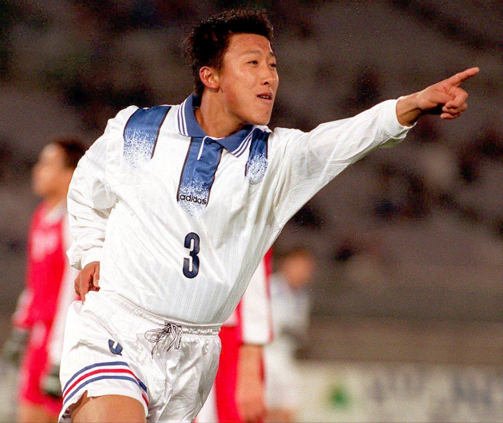 Chinese defender Zhang Enhua celebrates after scoring in the 1998 Dynasty Cup against Hong Kong in Yokohama. Photo: AFP