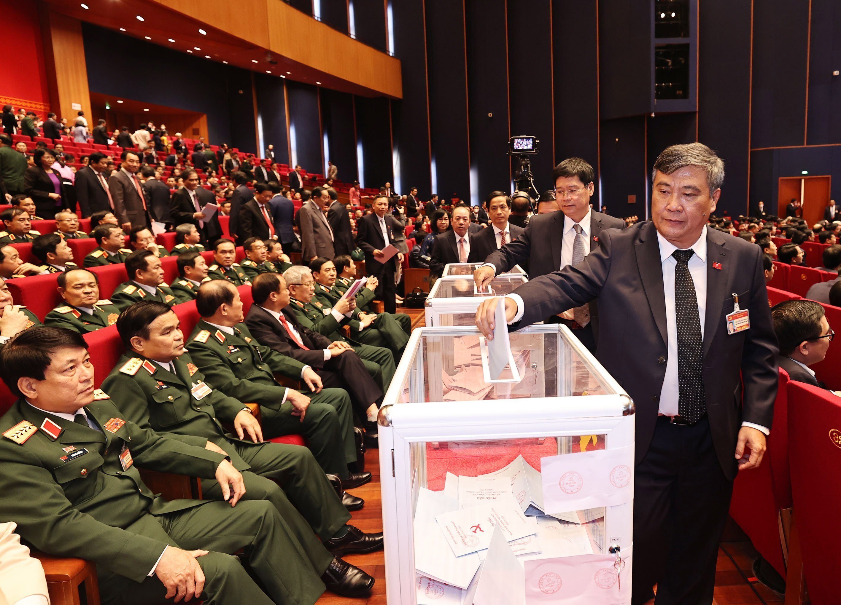 Delegates cast their votes during the 13th National Congress of Vietnam’s Communist Party in Hanoi on January 30. The military has gained more influence in the country’s political system. Photo: EPA-EFE