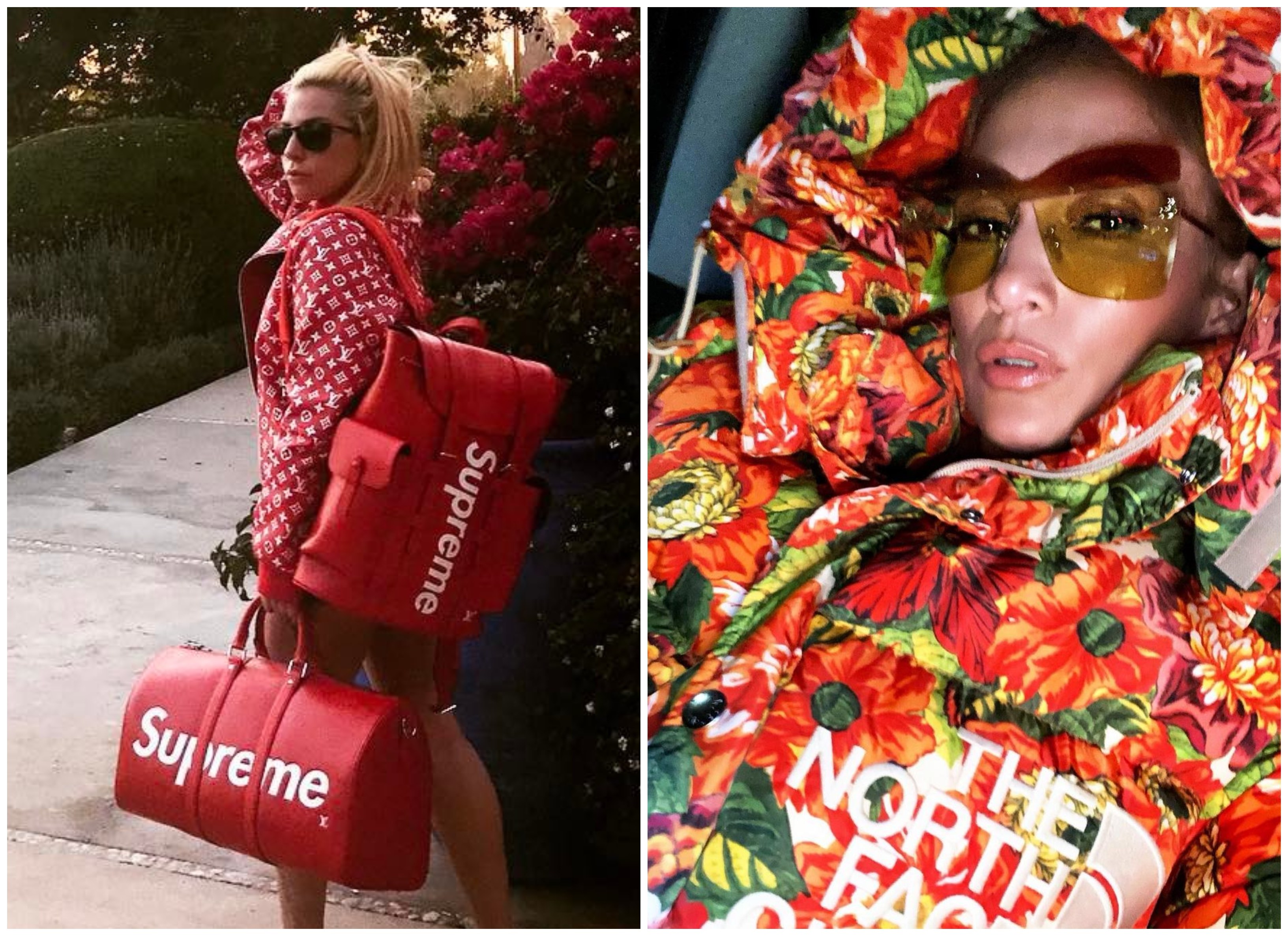 Lady Gaga and Jennifer Lopez sporting their favourite fashion collaborations, including LV x Supreme and Gucci x North Face Photos: @ladygaga, @jlo/Instagram